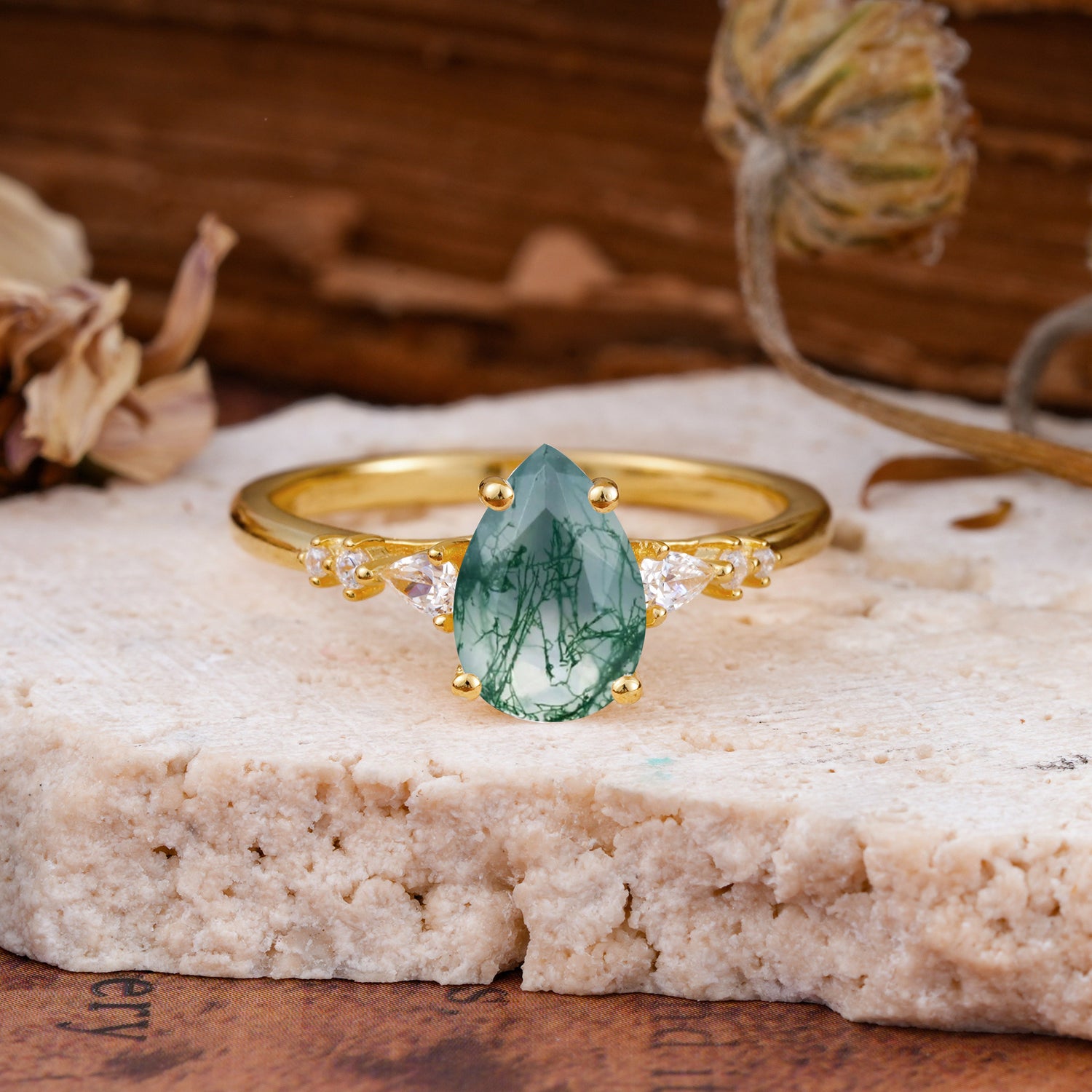 Pear Cut Moss Agate Three-Stone Engagement Ring for her - Additional view