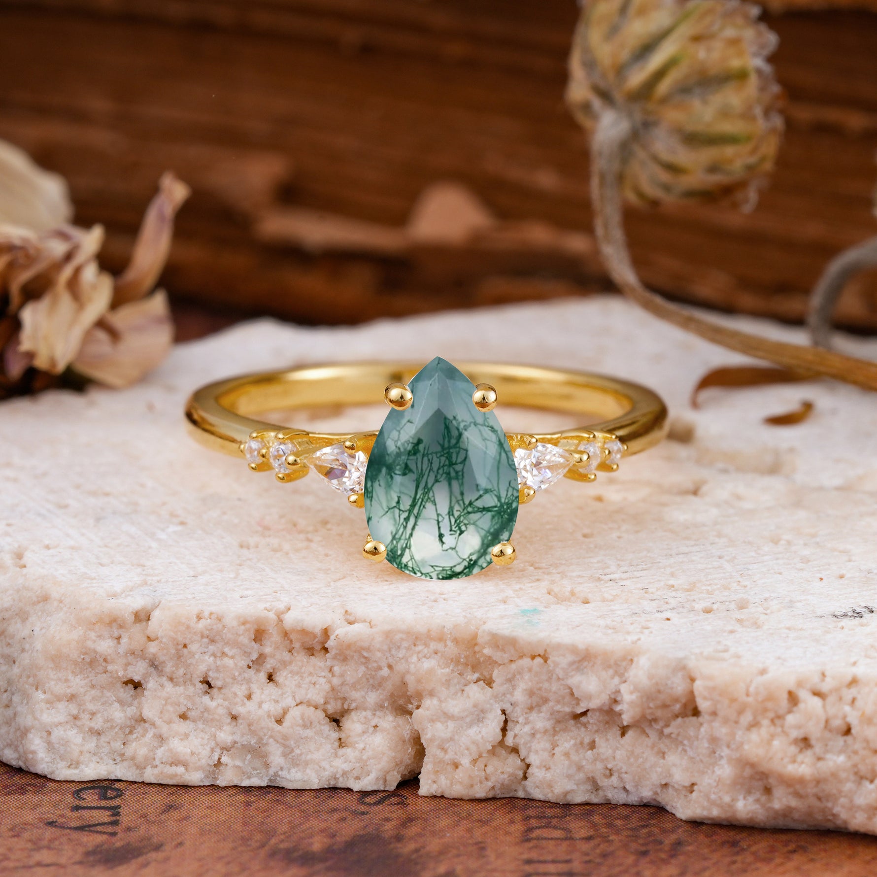 Pear Cut Moss Agate Three-Stone Engagement Ring for her - Additional view