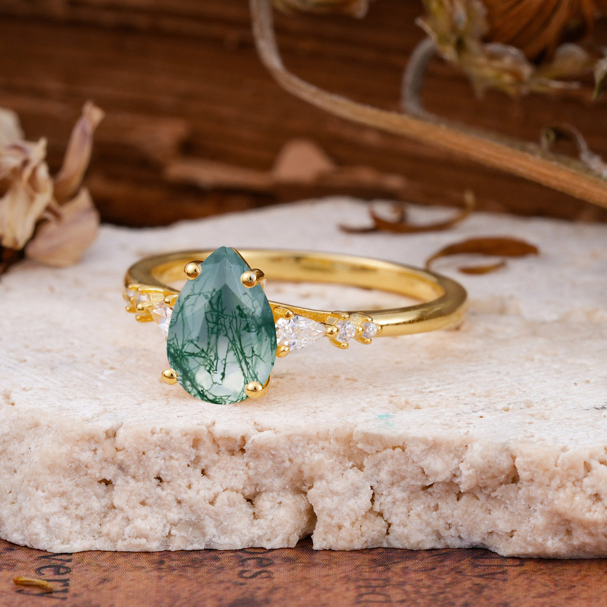 Pear Cut Moss Agate Three-Stone Engagement Ring for her - Additional view