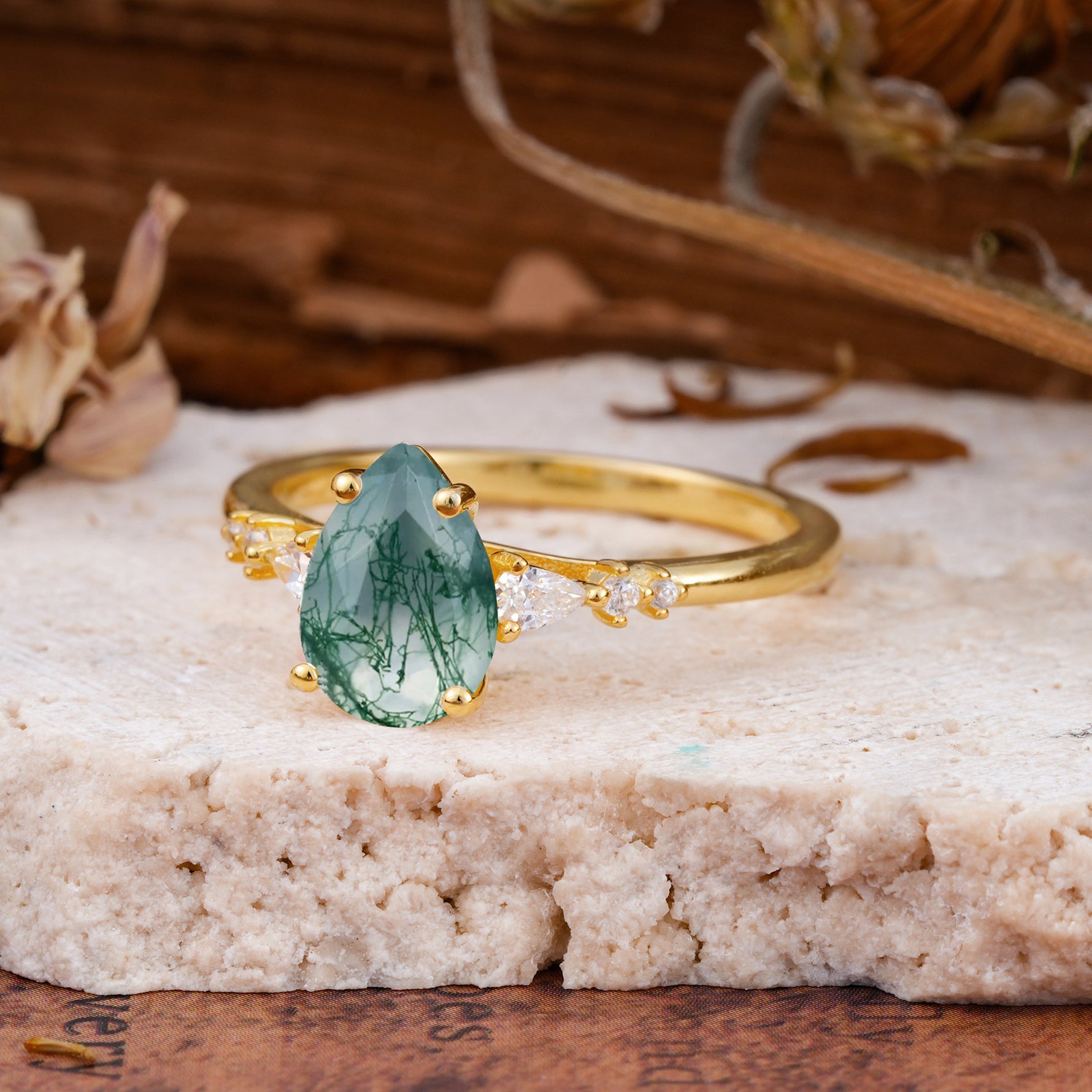 Pear Cut Moss Agate Three-Stone Engagement Ring for her - Additional view