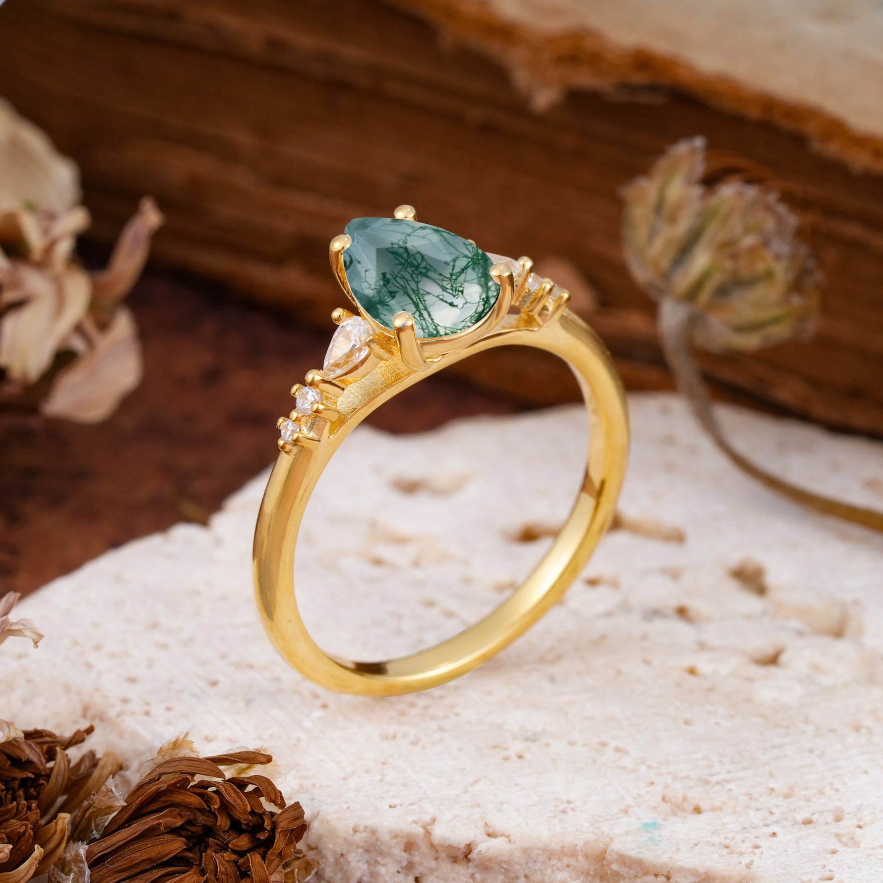 Pear Cut Moss Agate Three-Stone Engagement Ring for her - Additional view