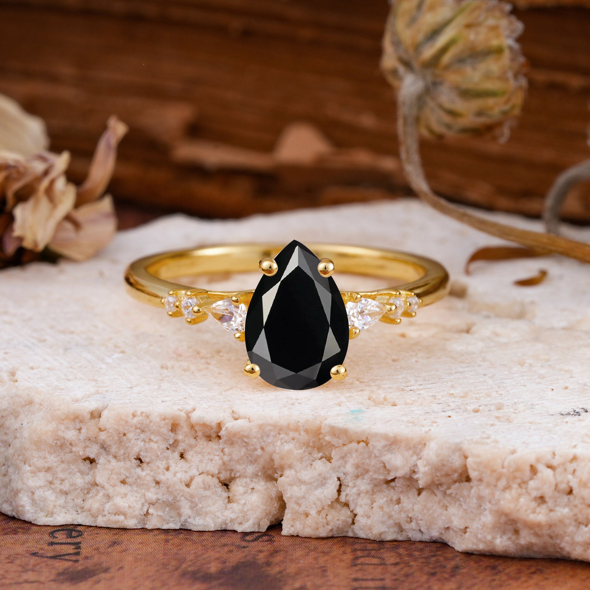 Pear Cut Black Onyx Three-Stone Engagement Ring for her