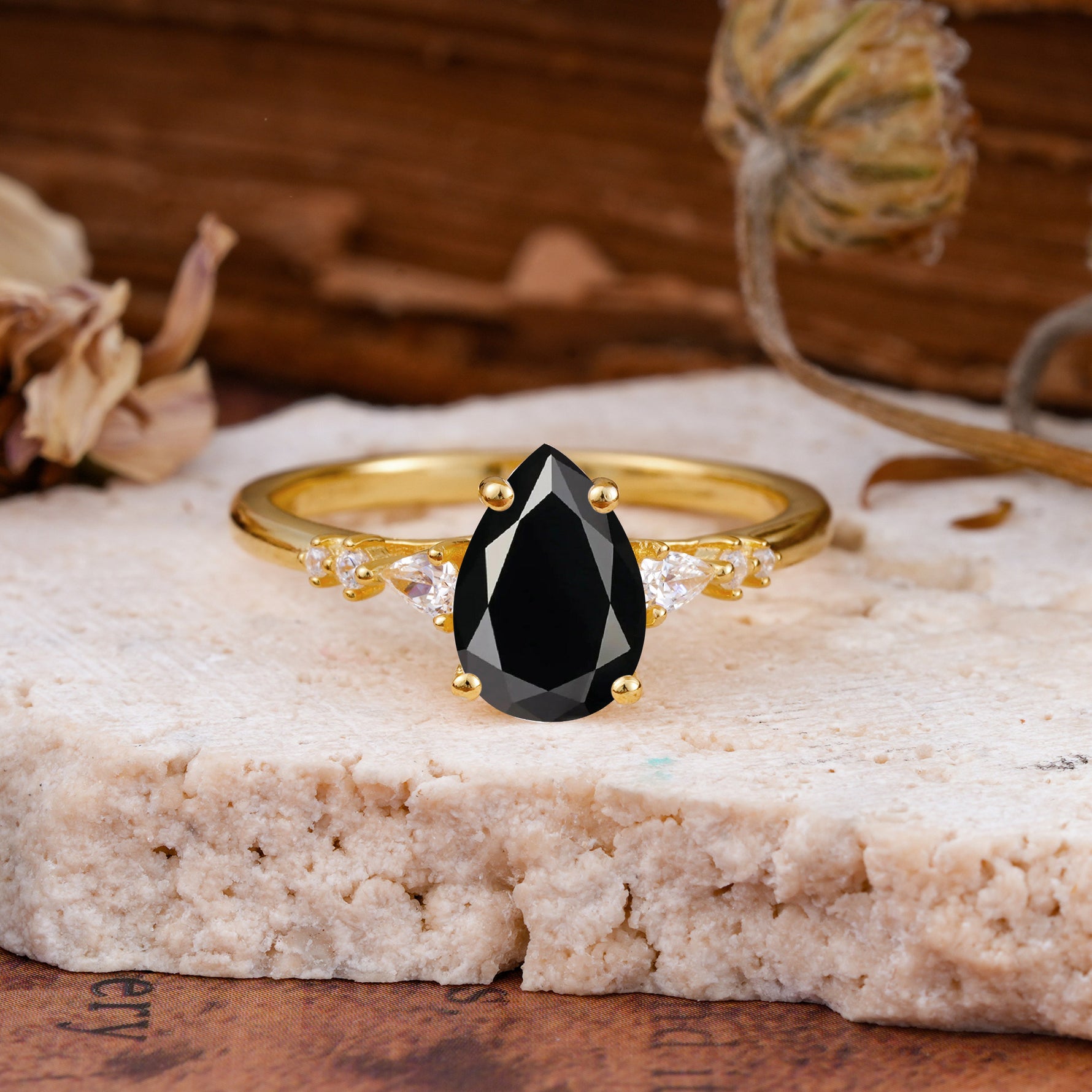 Pear Cut Black Onyx Three-Stone Engagement Ring for her - Additional view