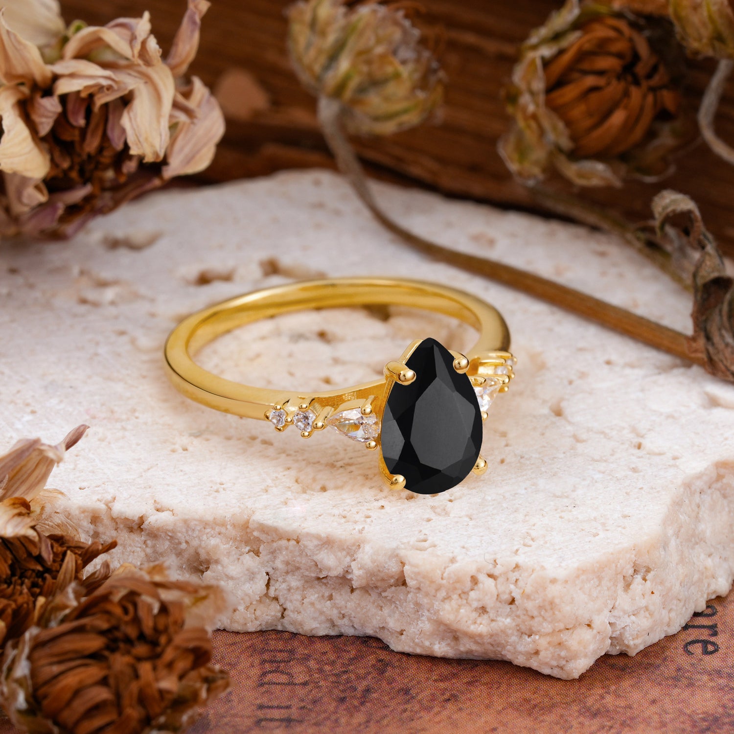Pear Cut Black Onyx Three-Stone Engagement Ring for her - Additional view