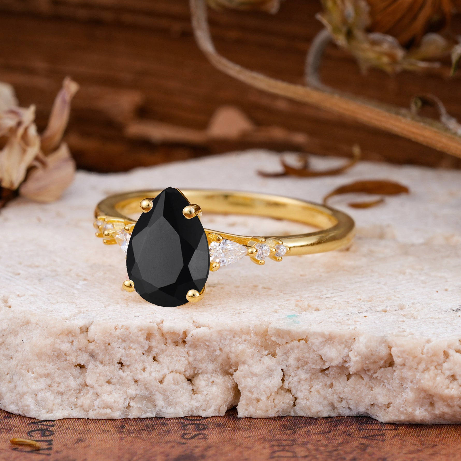 Pear Cut Black Onyx Three-Stone Engagement Ring for her - Additional view