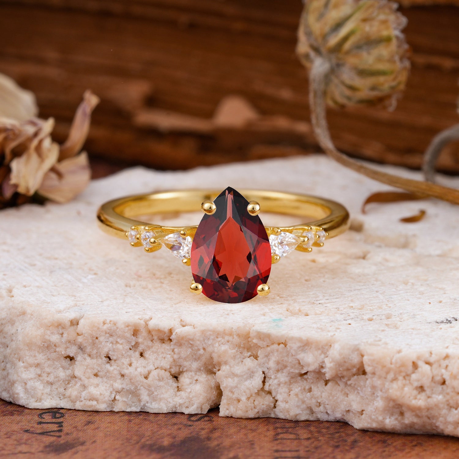 Pear Cut Garnet Three-Stone Engagement Ring for her - Additional view