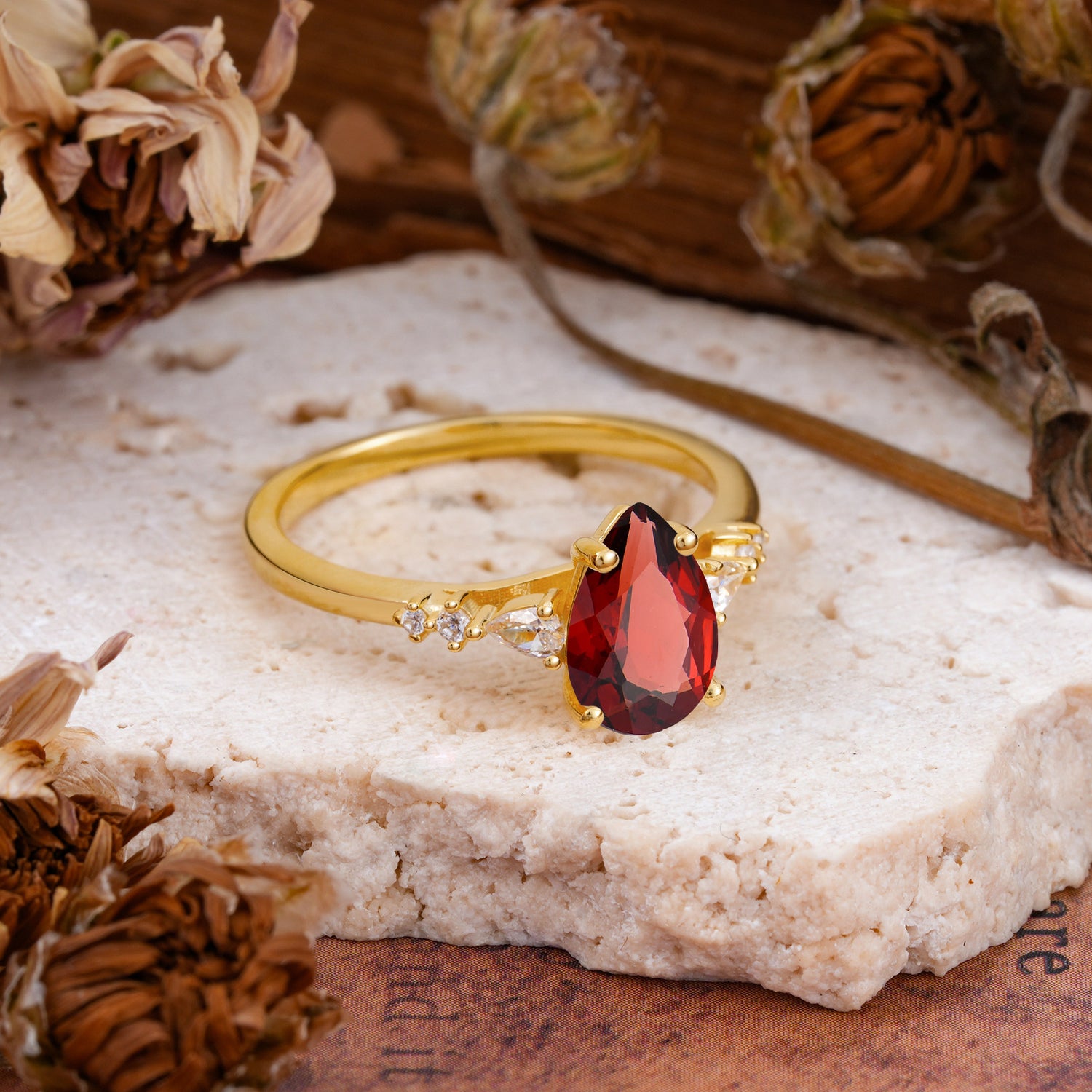 Pear Cut Garnet Three-Stone Engagement Ring for her - Additional view