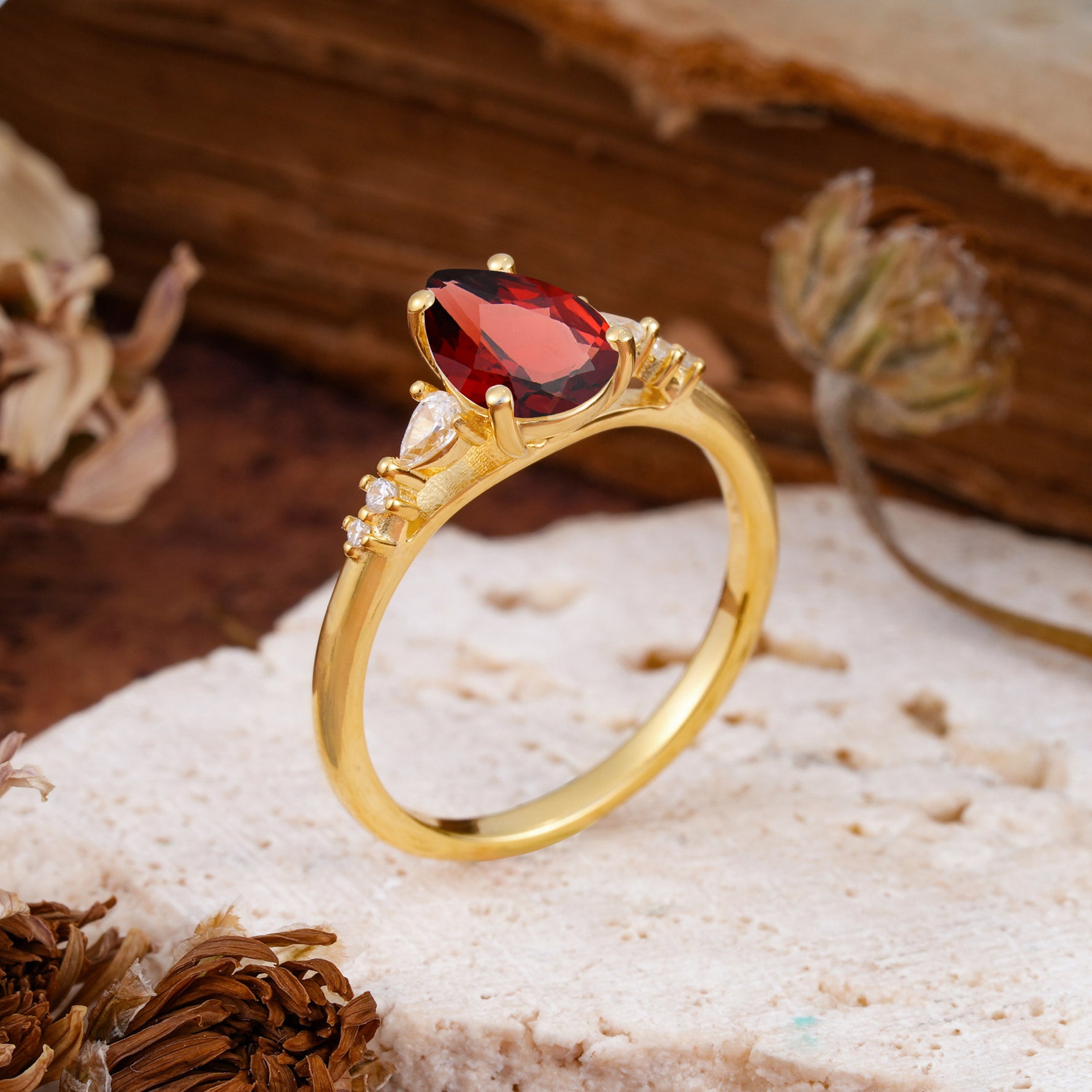 Pear Cut Garnet Three-Stone Engagement Ring for her - Additional view