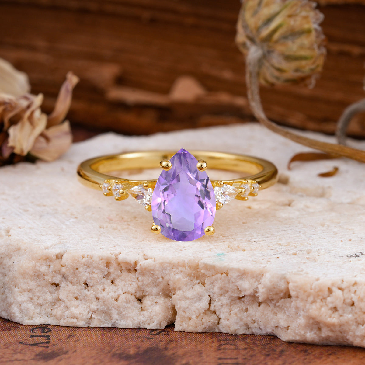 Pear Cut Amethyst Three-Stone Engagement Ring for her - Additional view
