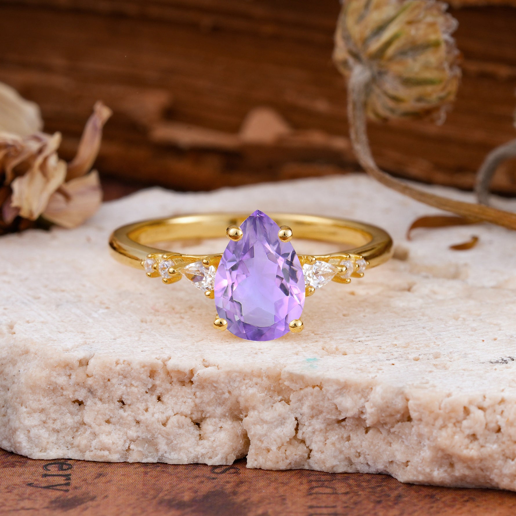 Pear Cut Amethyst Three-Stone Engagement Ring for her - Additional view