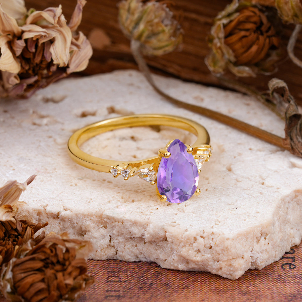 Pear Cut Amethyst Three-Stone Engagement Ring for her - Additional view