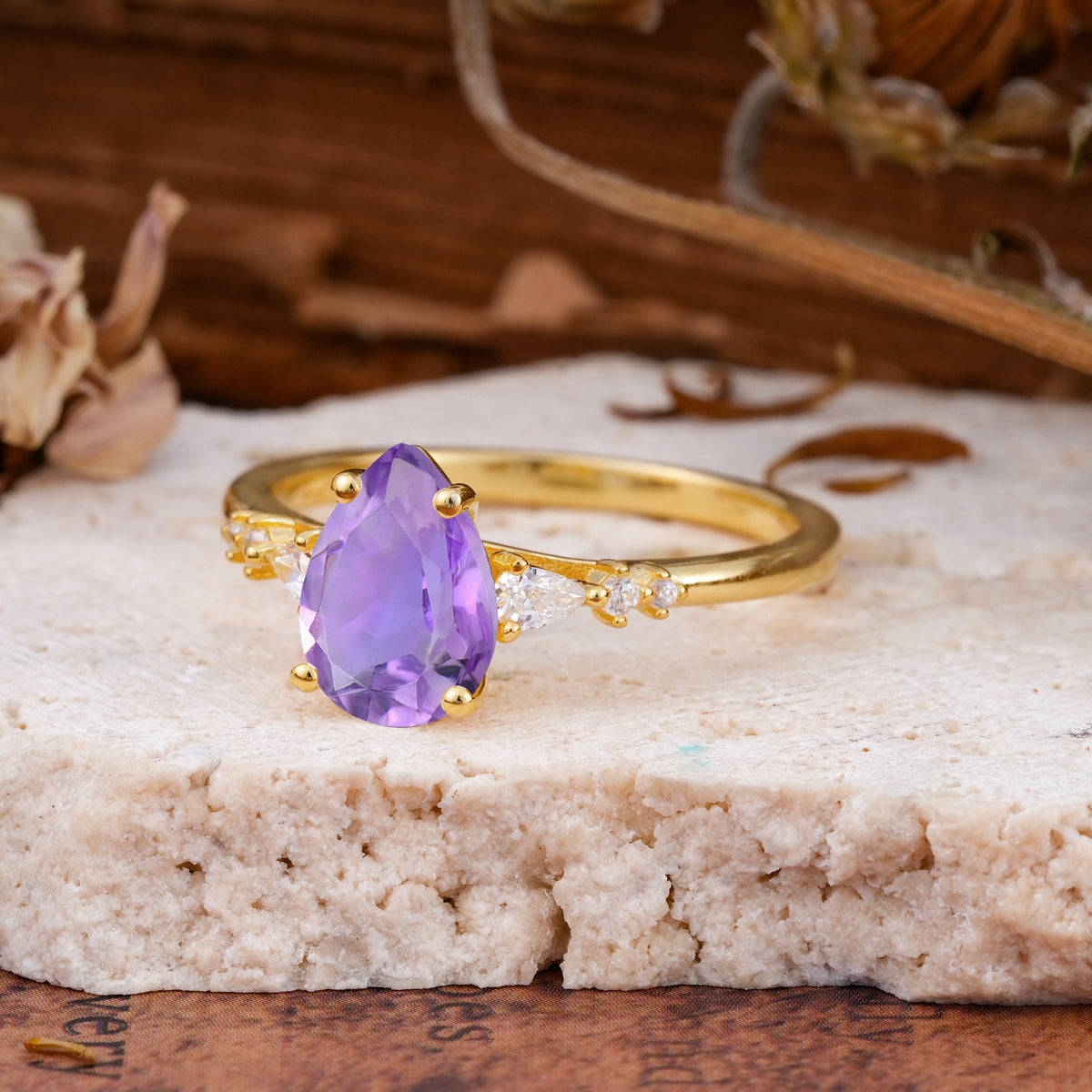 Pear Cut Amethyst Three-Stone Engagement Ring for her - Additional view