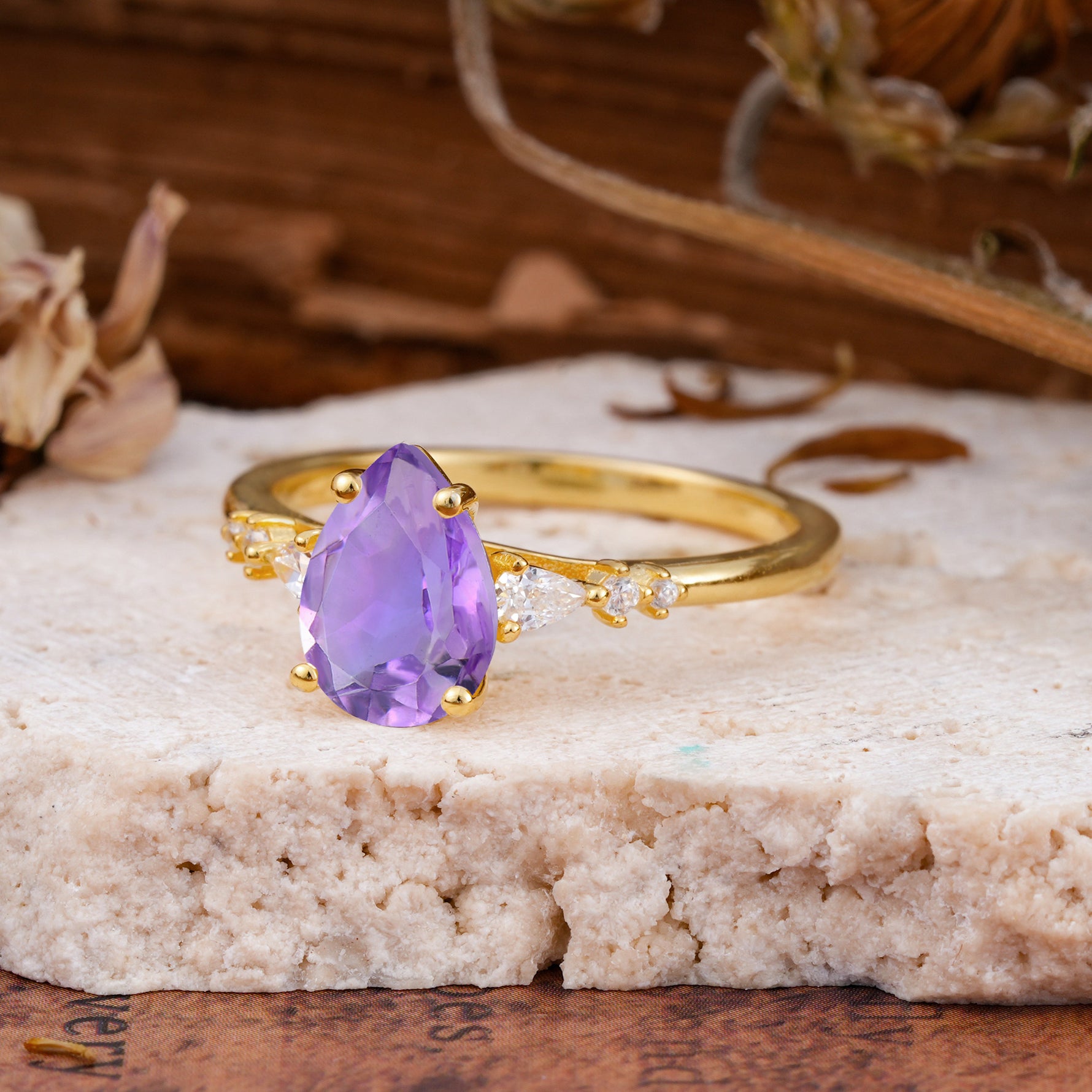 Pear Cut Amethyst Three-Stone Engagement Ring for her - Additional view