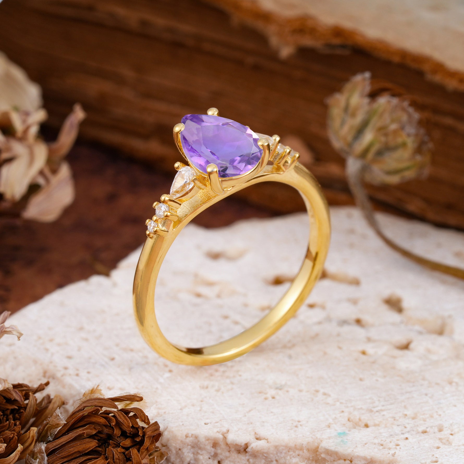 Pear Cut Amethyst Three-Stone Engagement Ring for her - Additional view