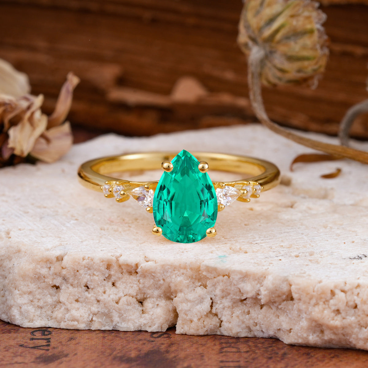 Pear Cut Emerald Three-Stone Engagement Ring for her - Additional view