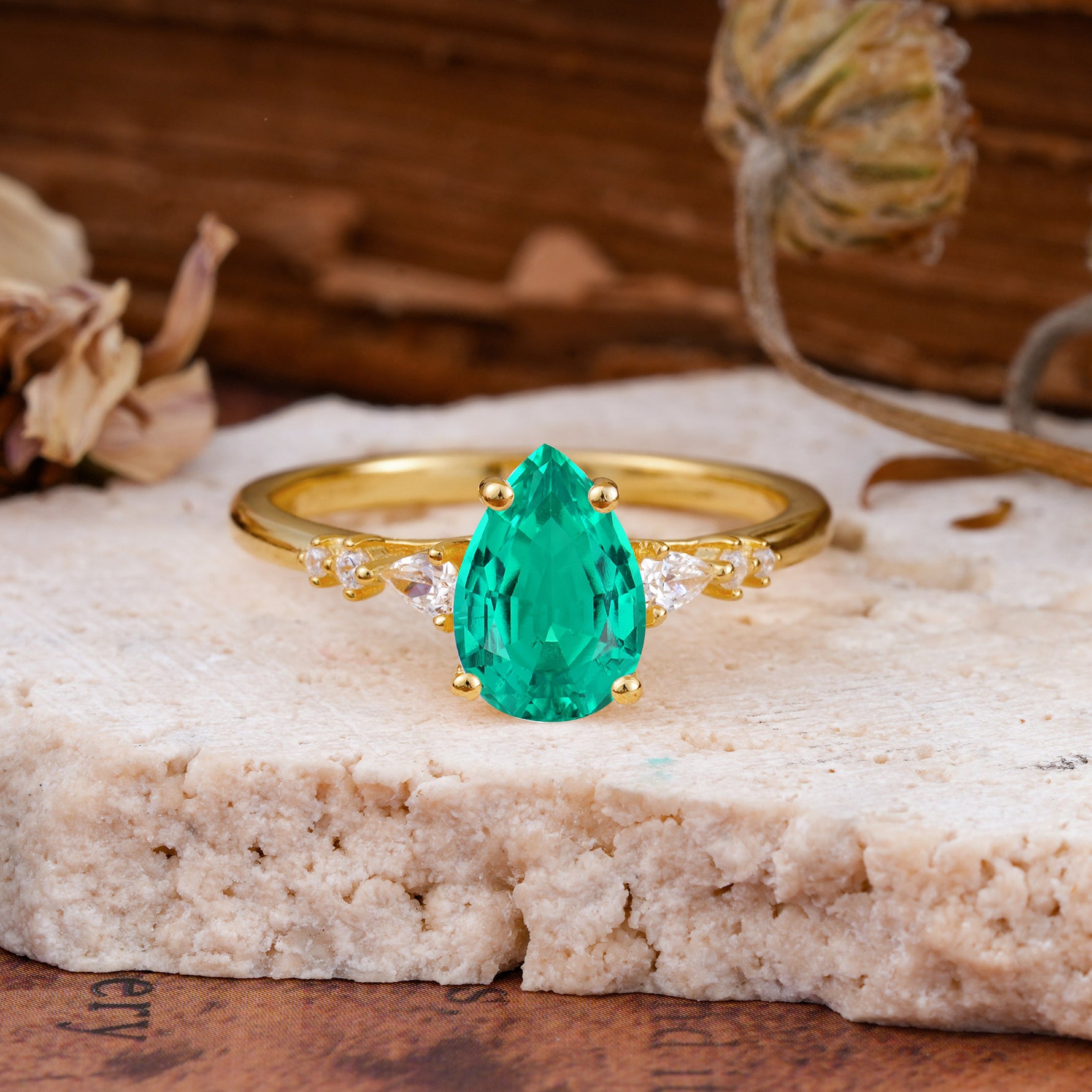 Pear Cut Emerald Three-Stone Engagement Ring for her - Additional view