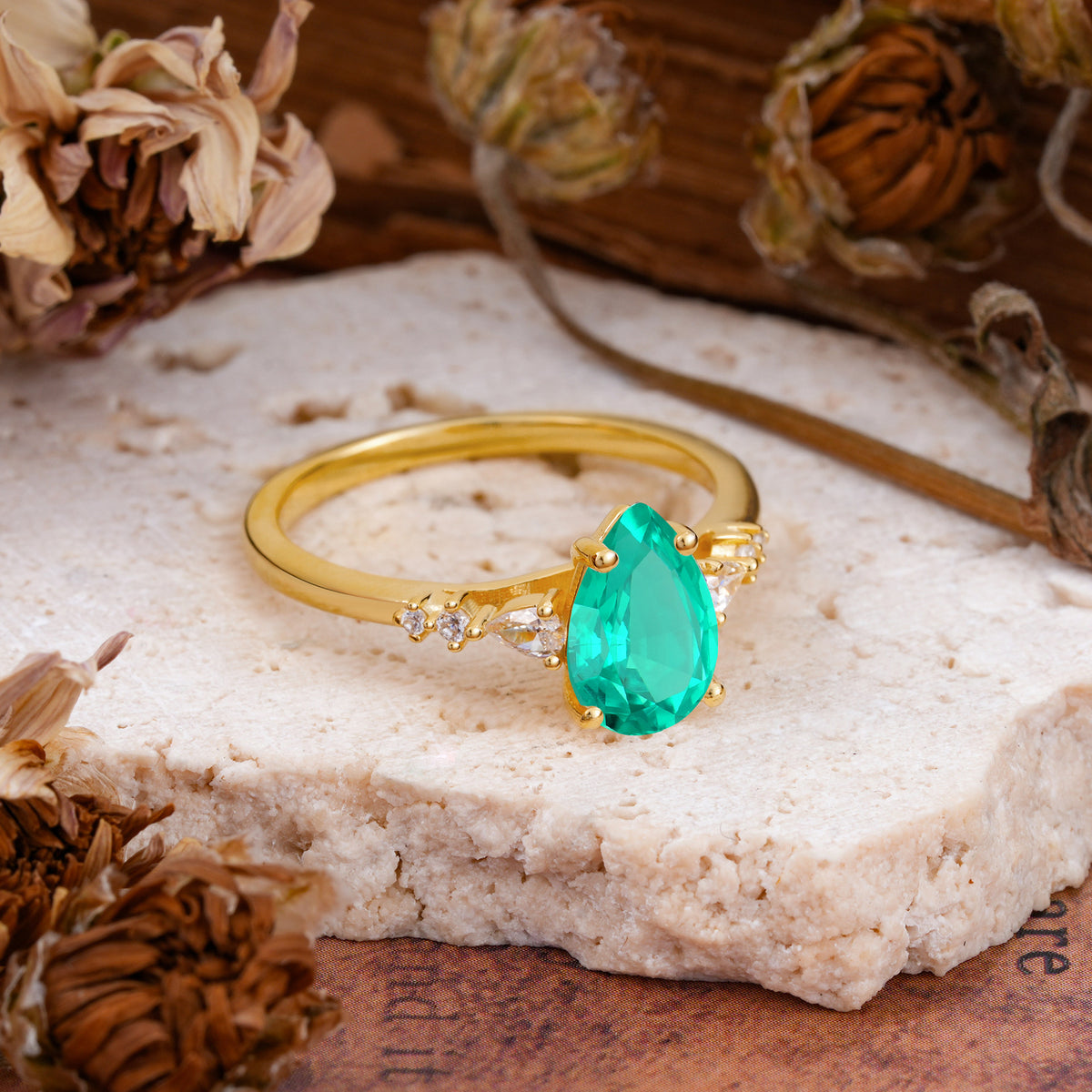 Pear Cut Emerald Three-Stone Engagement Ring for her - Additional view