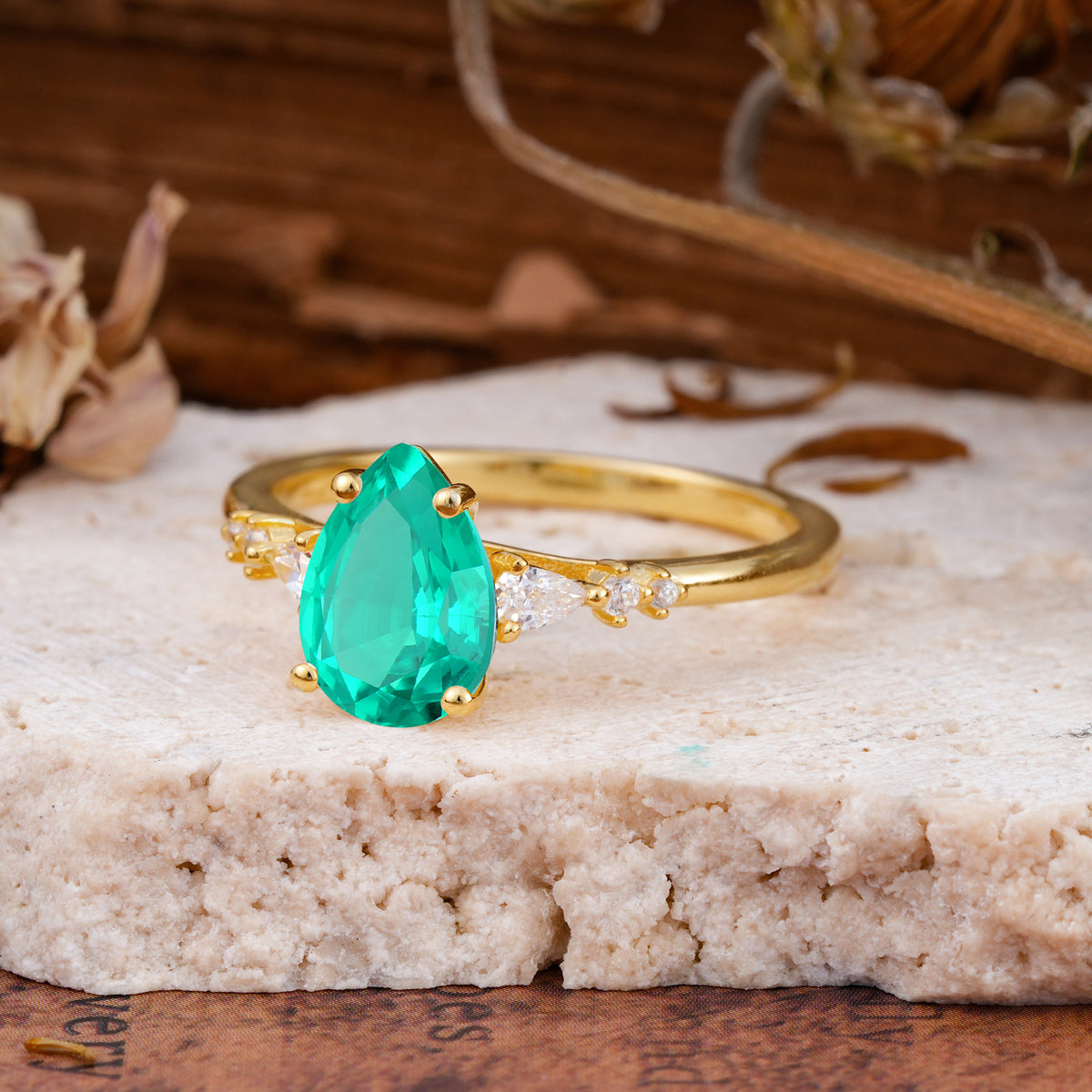 Pear Cut Emerald Three-Stone Engagement Ring for her - Additional view