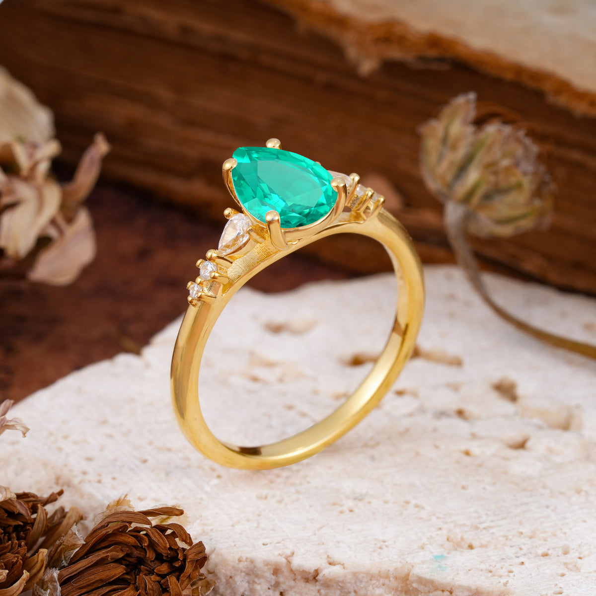 Pear Cut Emerald Three-Stone Engagement Ring for her - Additional view