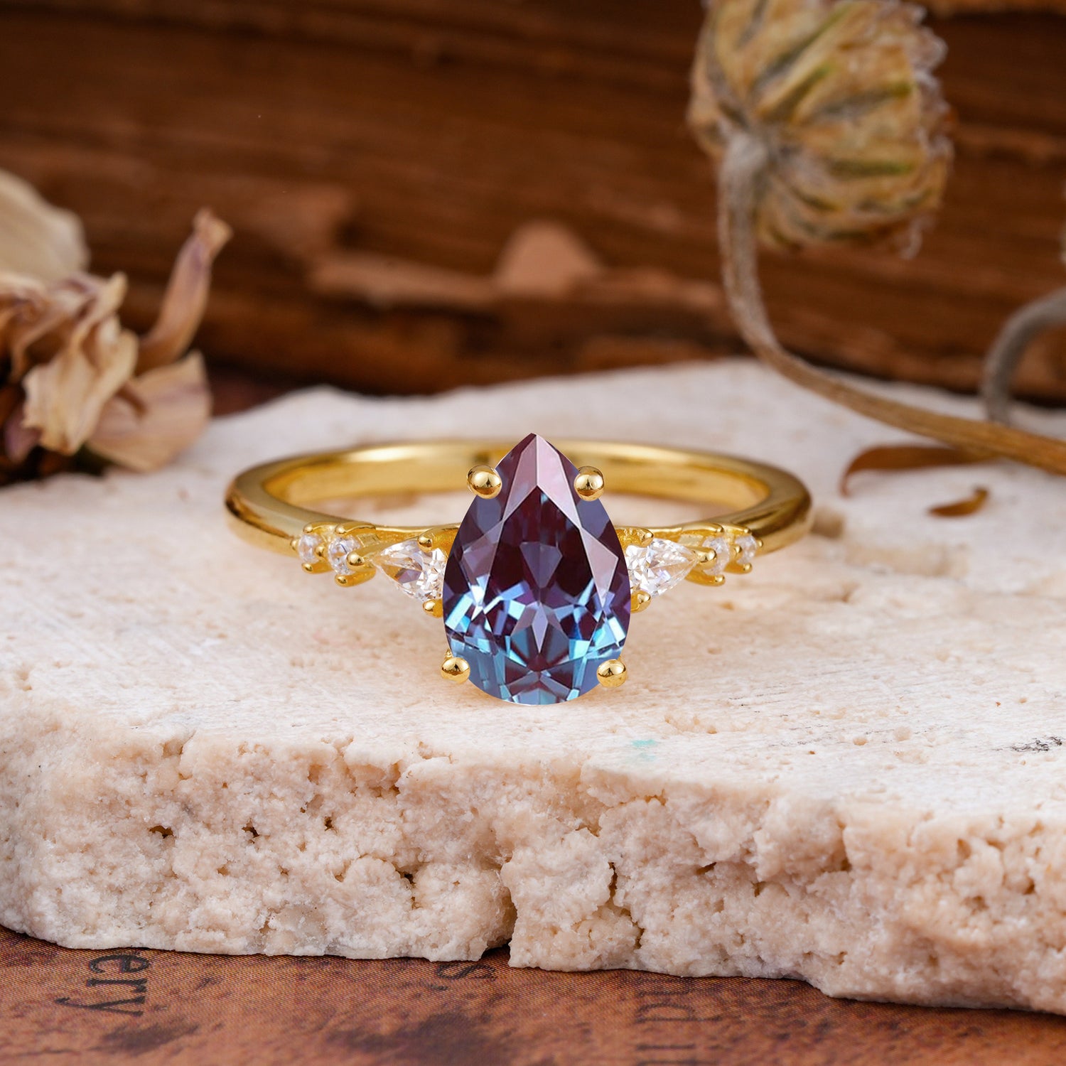 Pear Cut Alexandrite Three-Stone Engagement Ring for her - Additional view