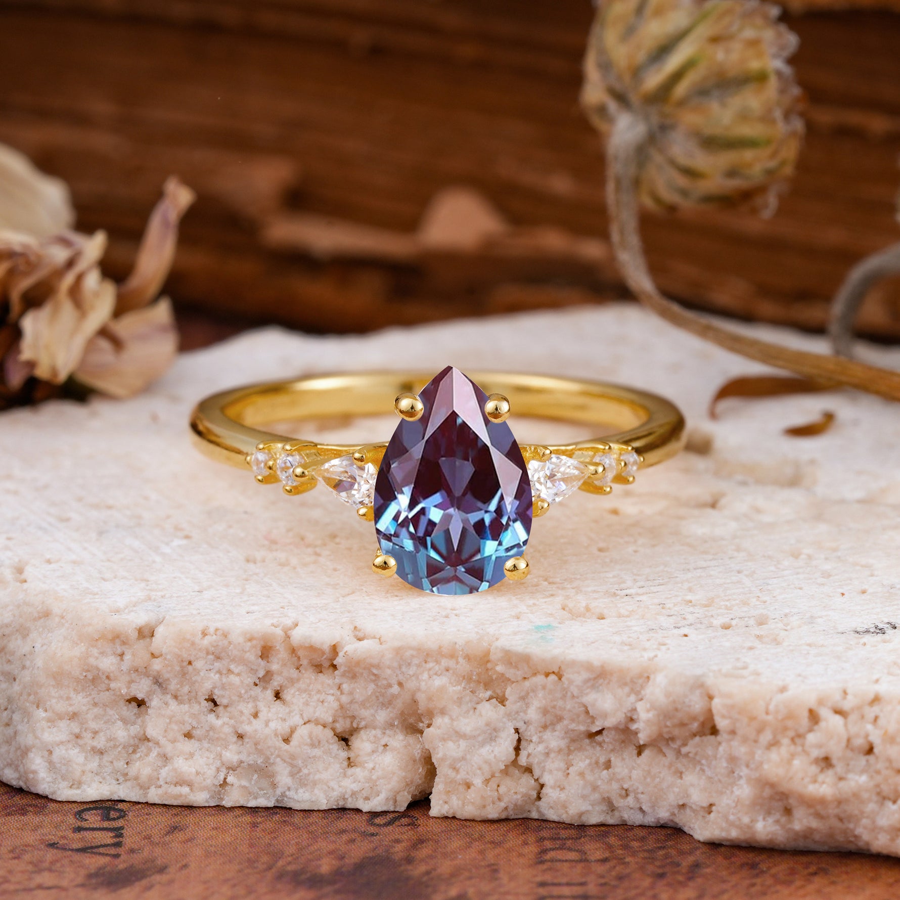 Pear Cut Alexandrite Three-Stone Engagement Ring for her - Additional view