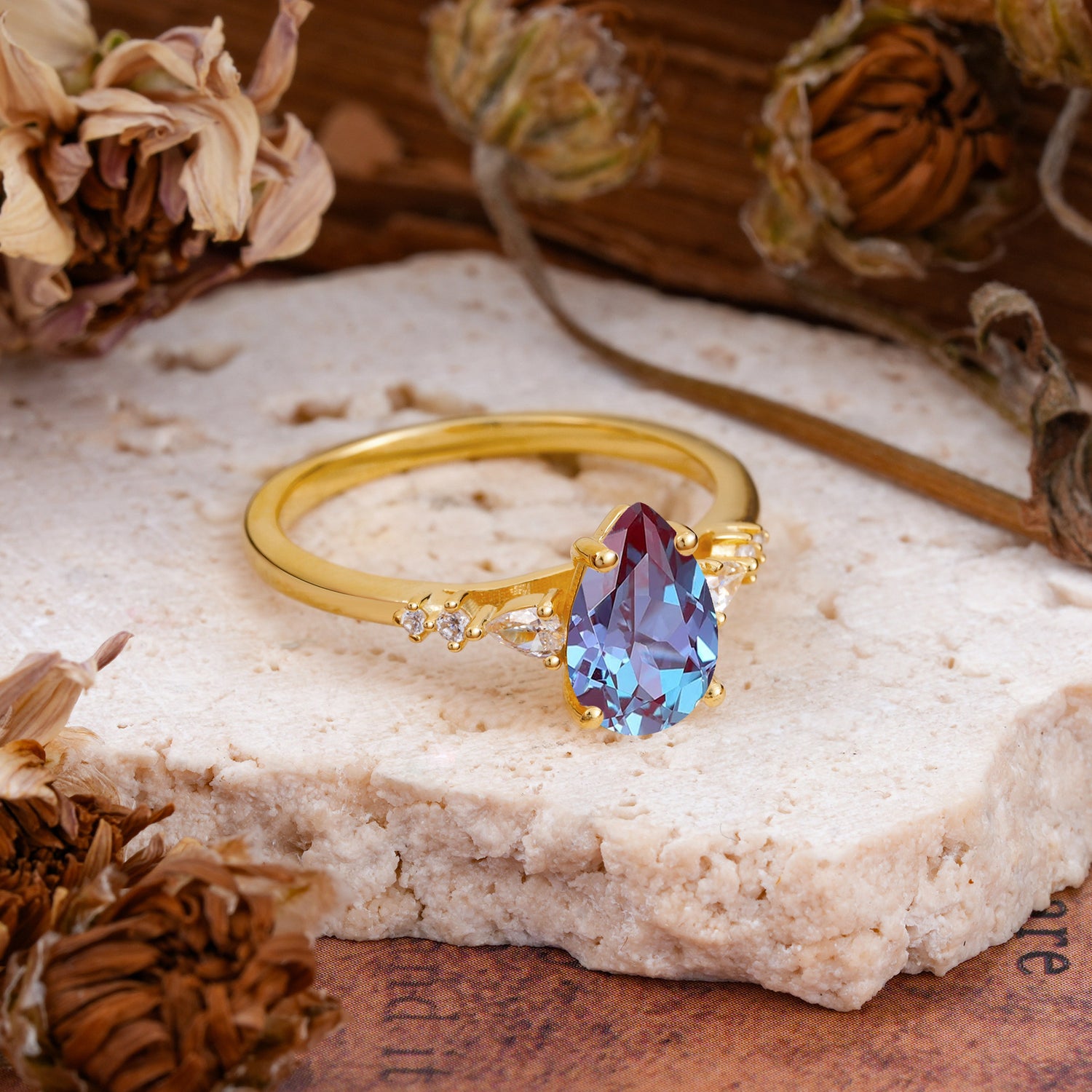 Pear Cut Alexandrite Three-Stone Engagement Ring for her - Additional view