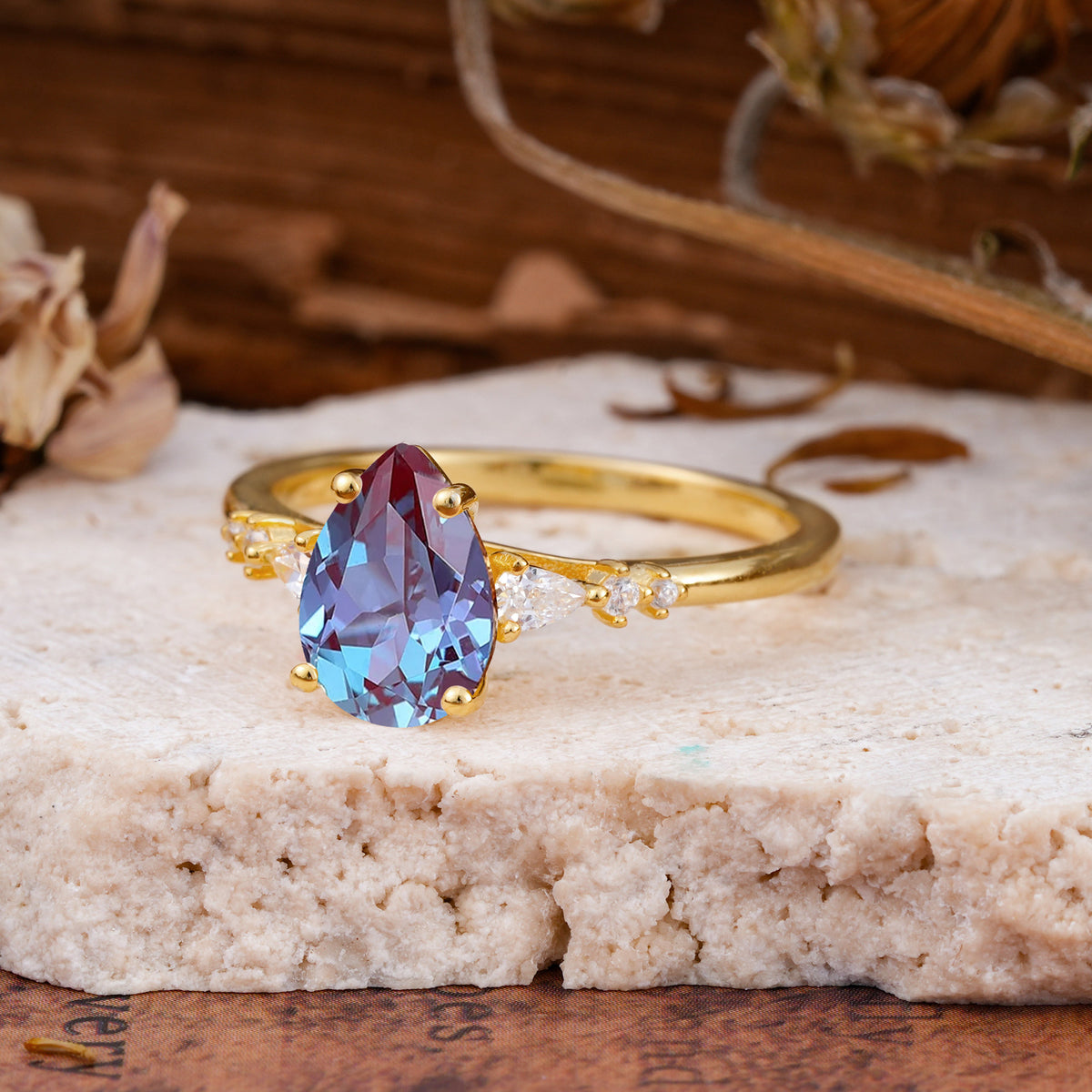 Pear Cut Alexandrite Three-Stone Engagement Ring for her - Additional view