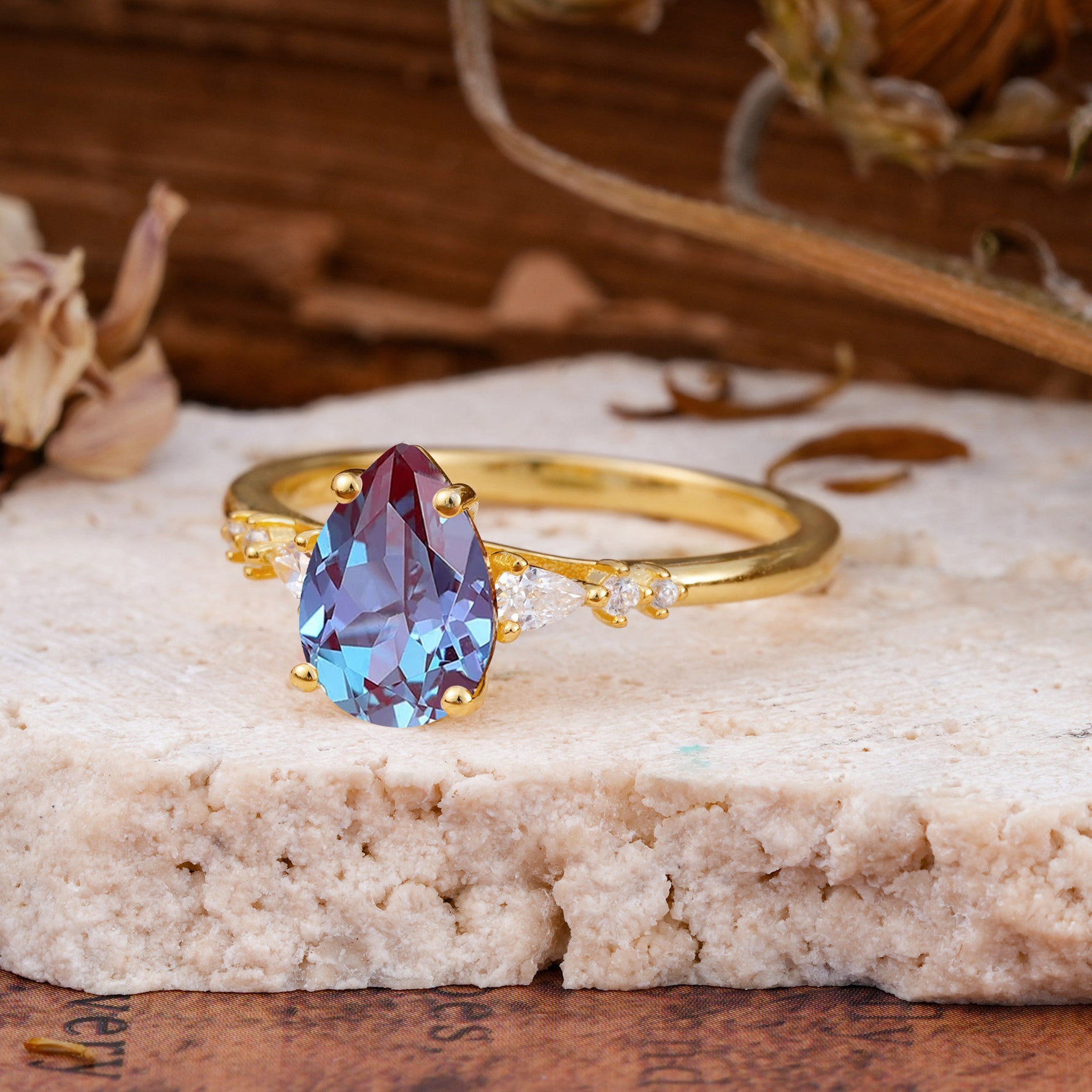 Pear Cut Alexandrite Three-Stone Engagement Ring for her - Additional view