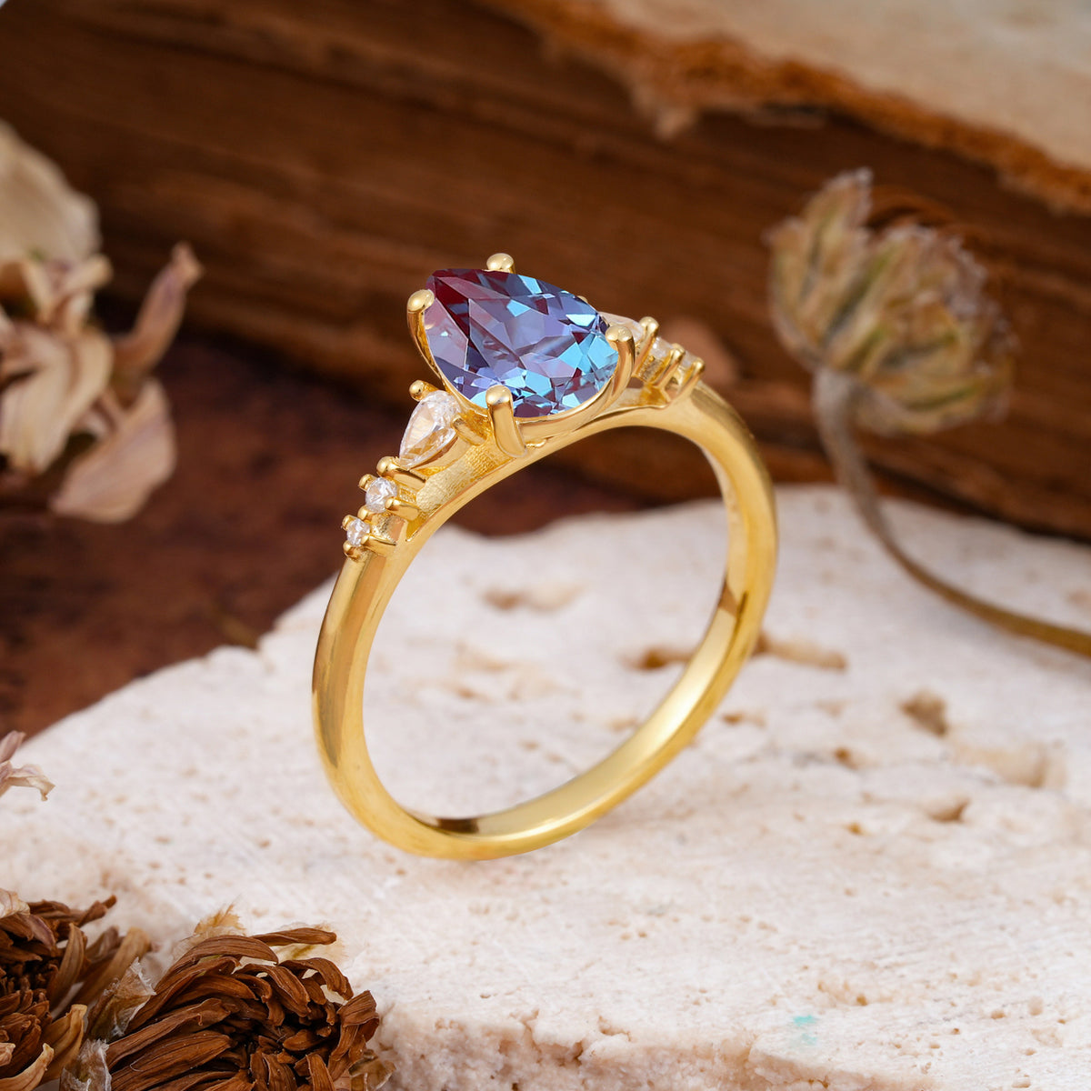 Pear Cut Alexandrite Three-Stone Engagement Ring for her - Additional view