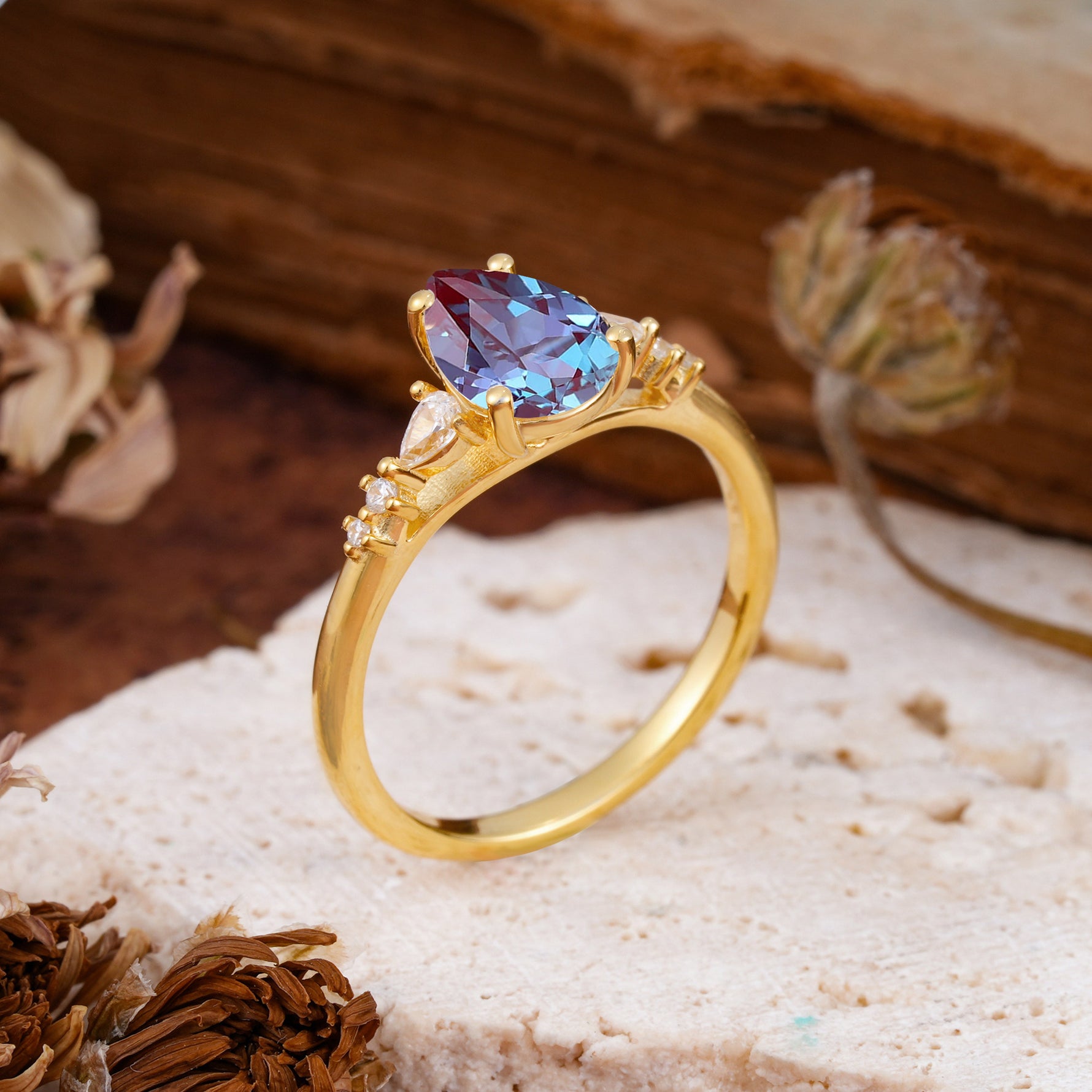 Pear Cut Alexandrite Three-Stone Engagement Ring for her - Additional view