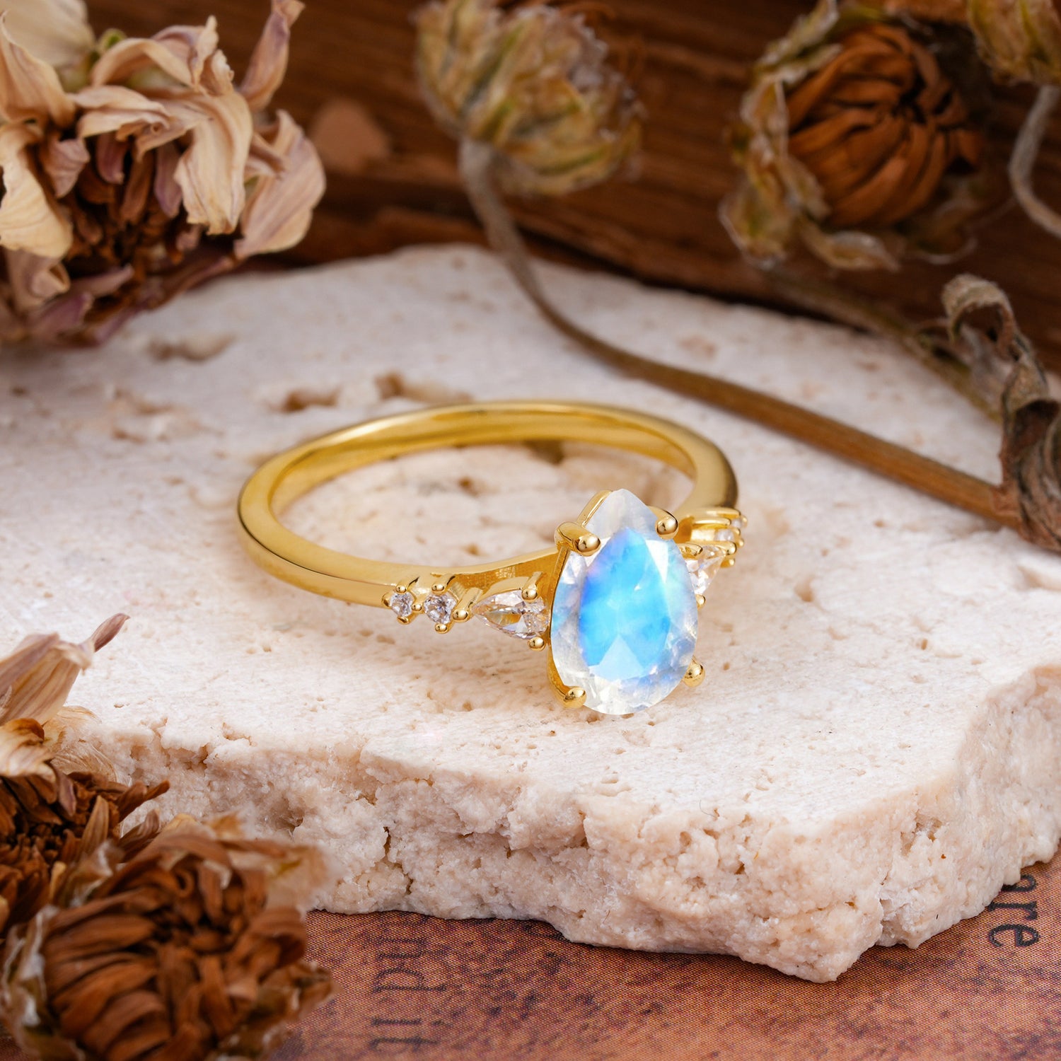 Pear Cut Moonstone Three-Stone Engagement Ring for her - Additional view