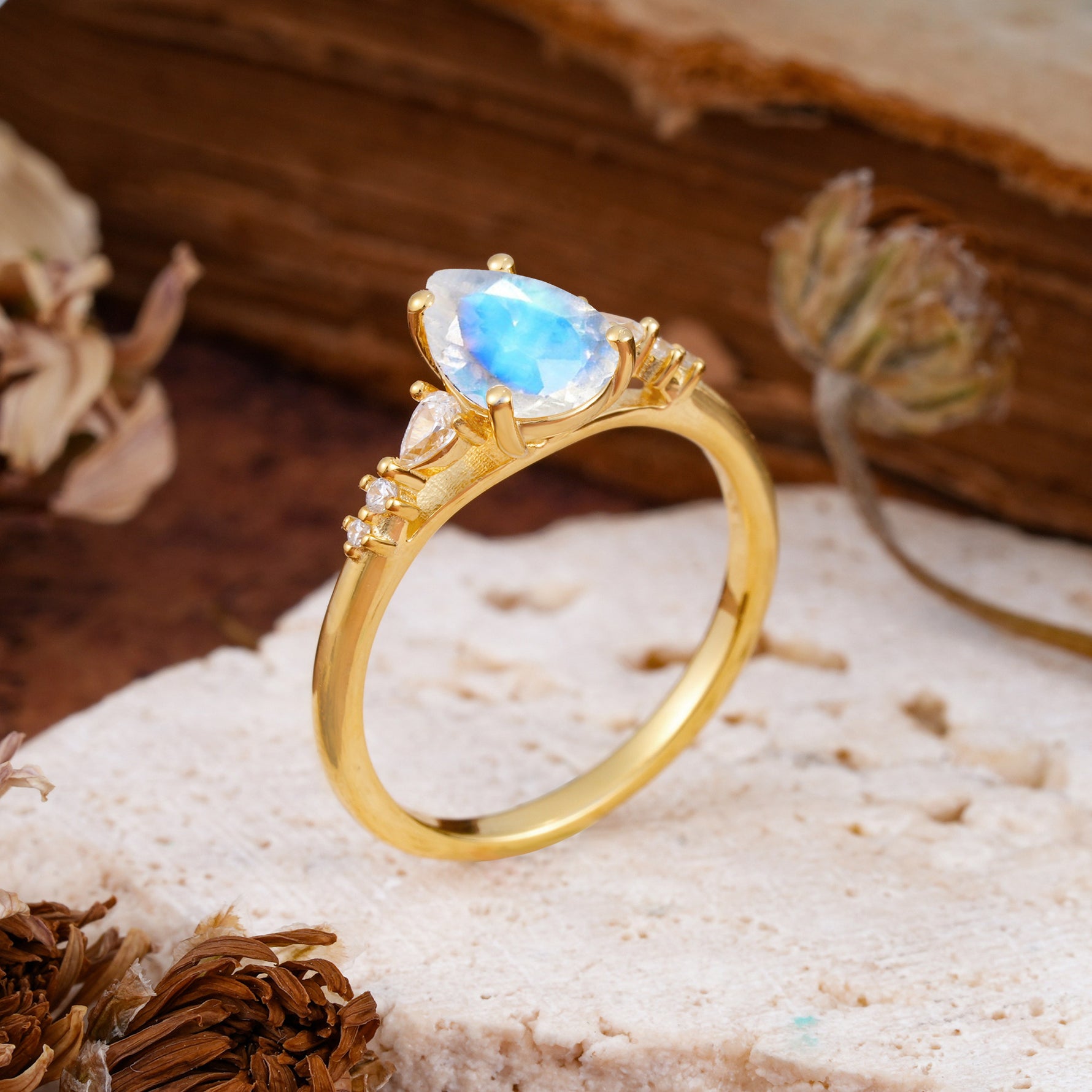 Pear Cut Moonstone Three-Stone Engagement Ring for her - Additional view