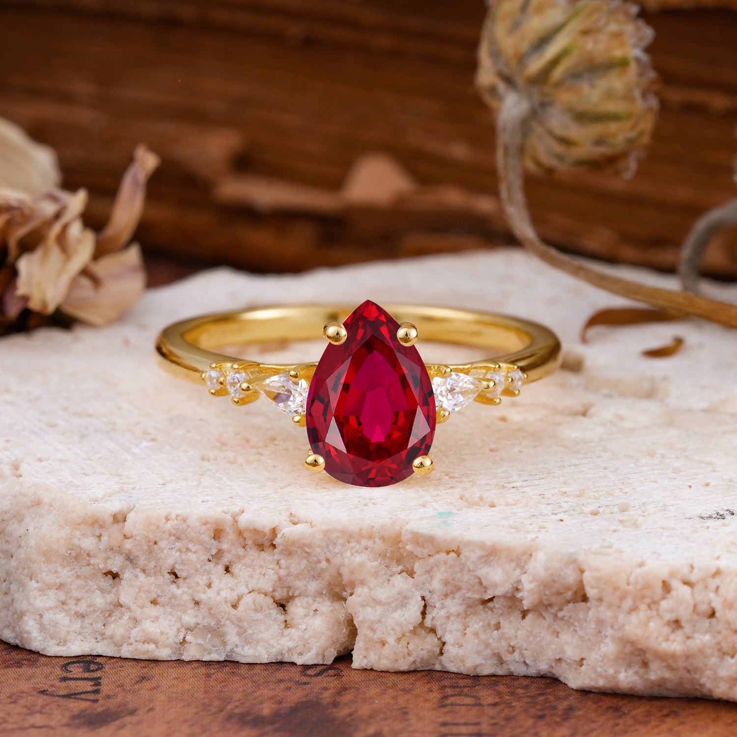 Pear Cut Ruby Three-Stone Engagement Ring for her - Additional view
