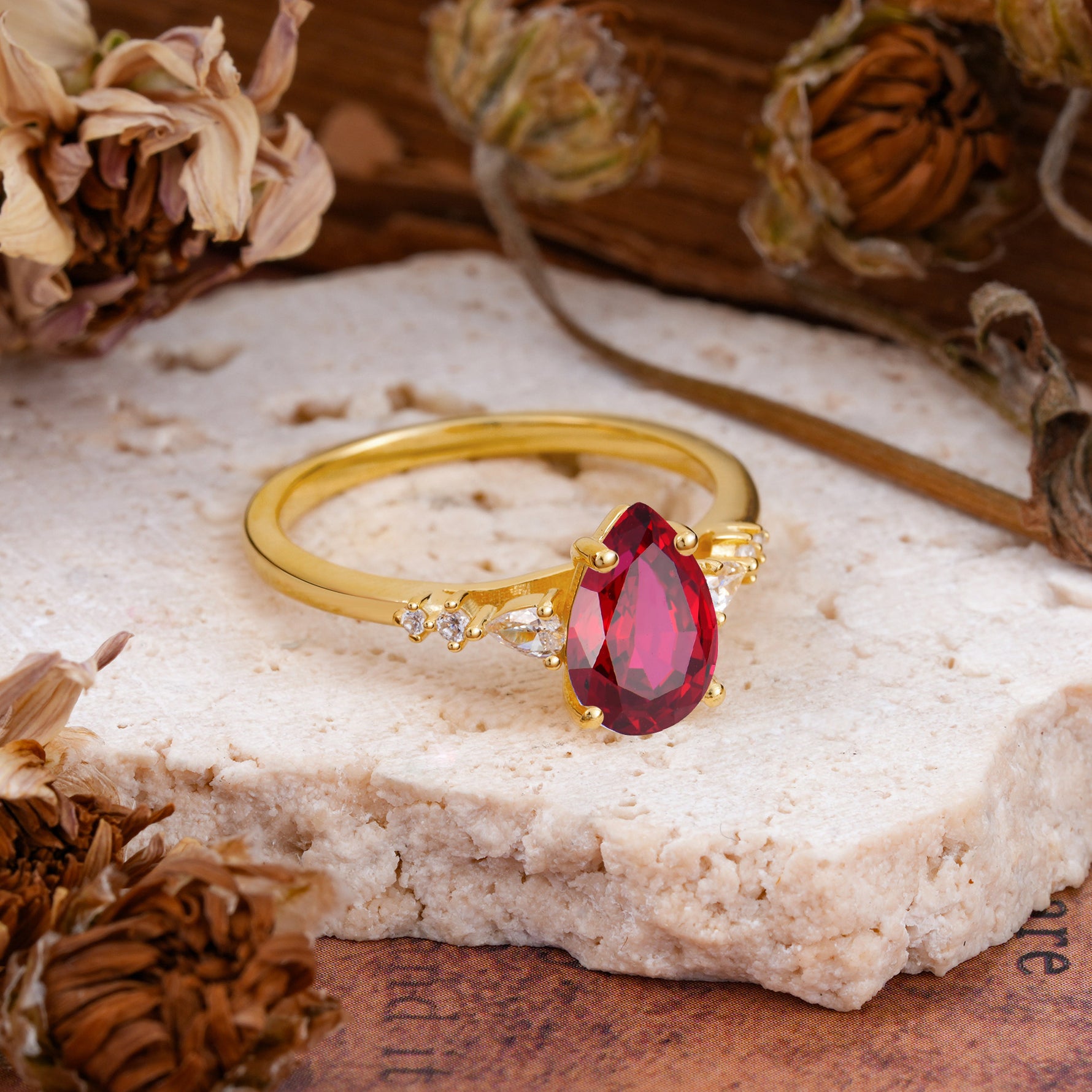 Pear Cut Ruby Three-Stone Engagement Ring for her - Additional view