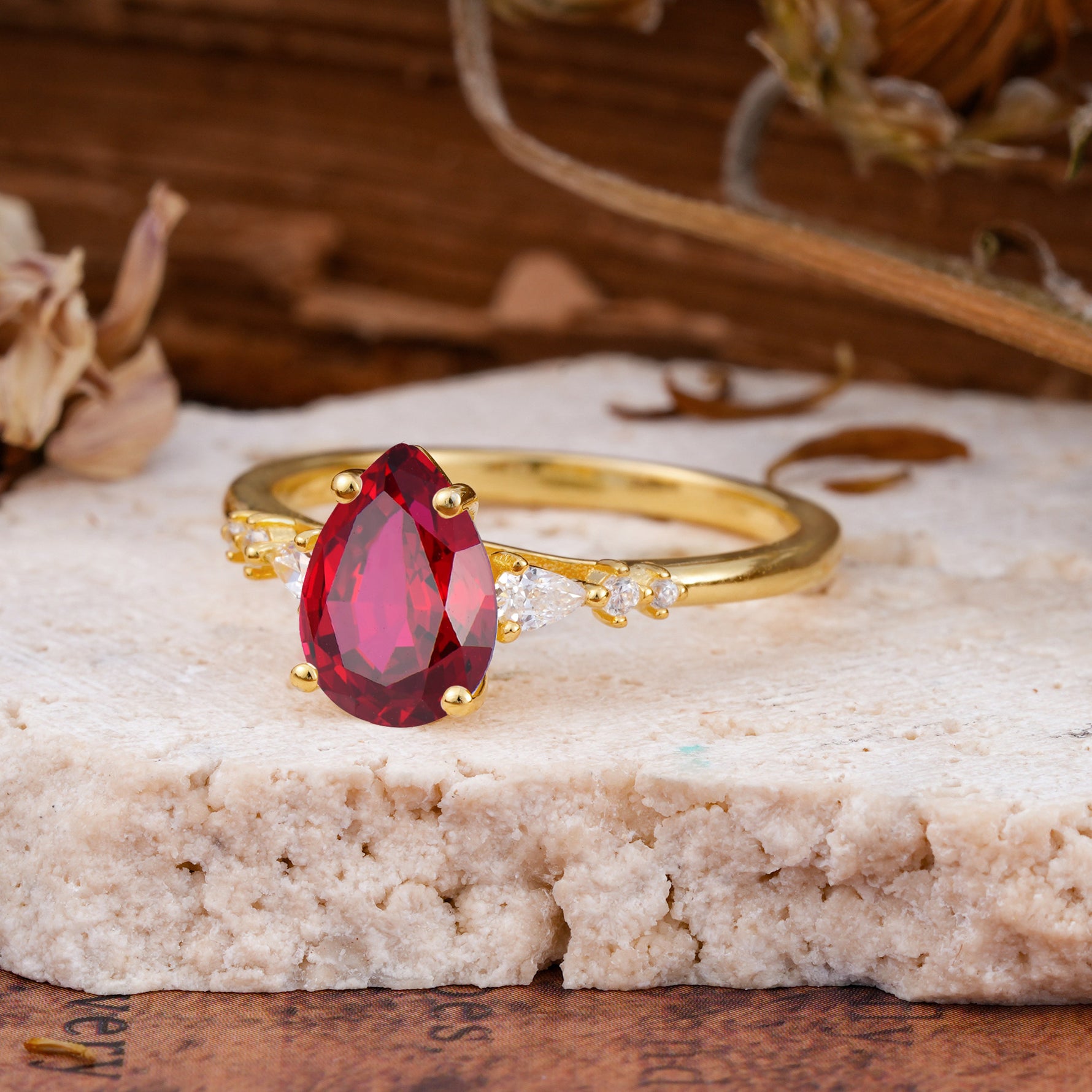 Pear Cut Ruby Three-Stone Engagement Ring for her - Additional view