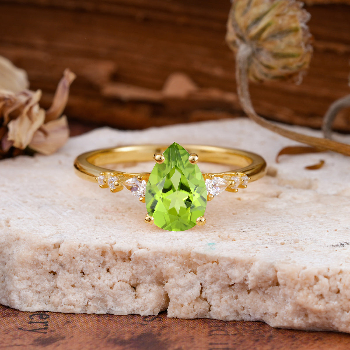 Pear Cut Peridot Three-Stone Engagement Ring for her - Additional view