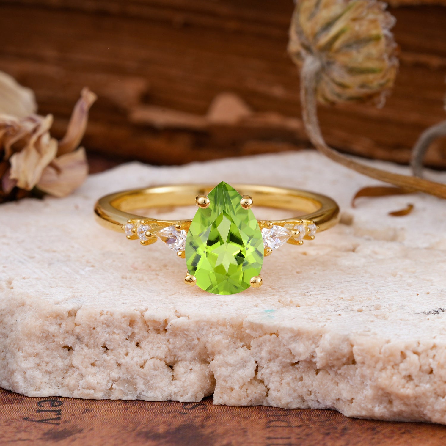 Pear Cut Peridot Three-Stone Engagement Ring for her - Additional view