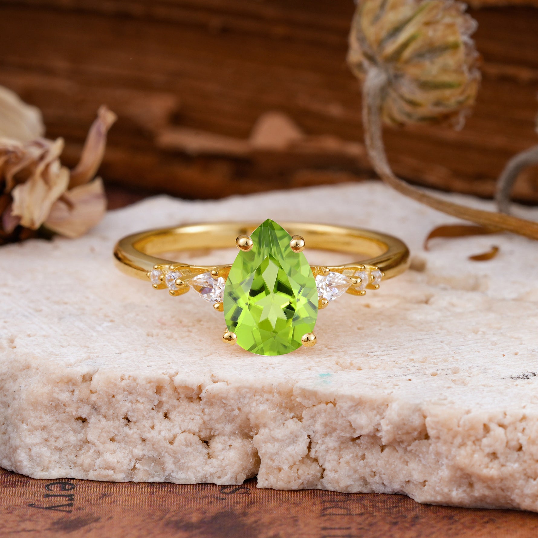 Pear Cut Peridot Three-Stone Engagement Ring for her - Additional view
