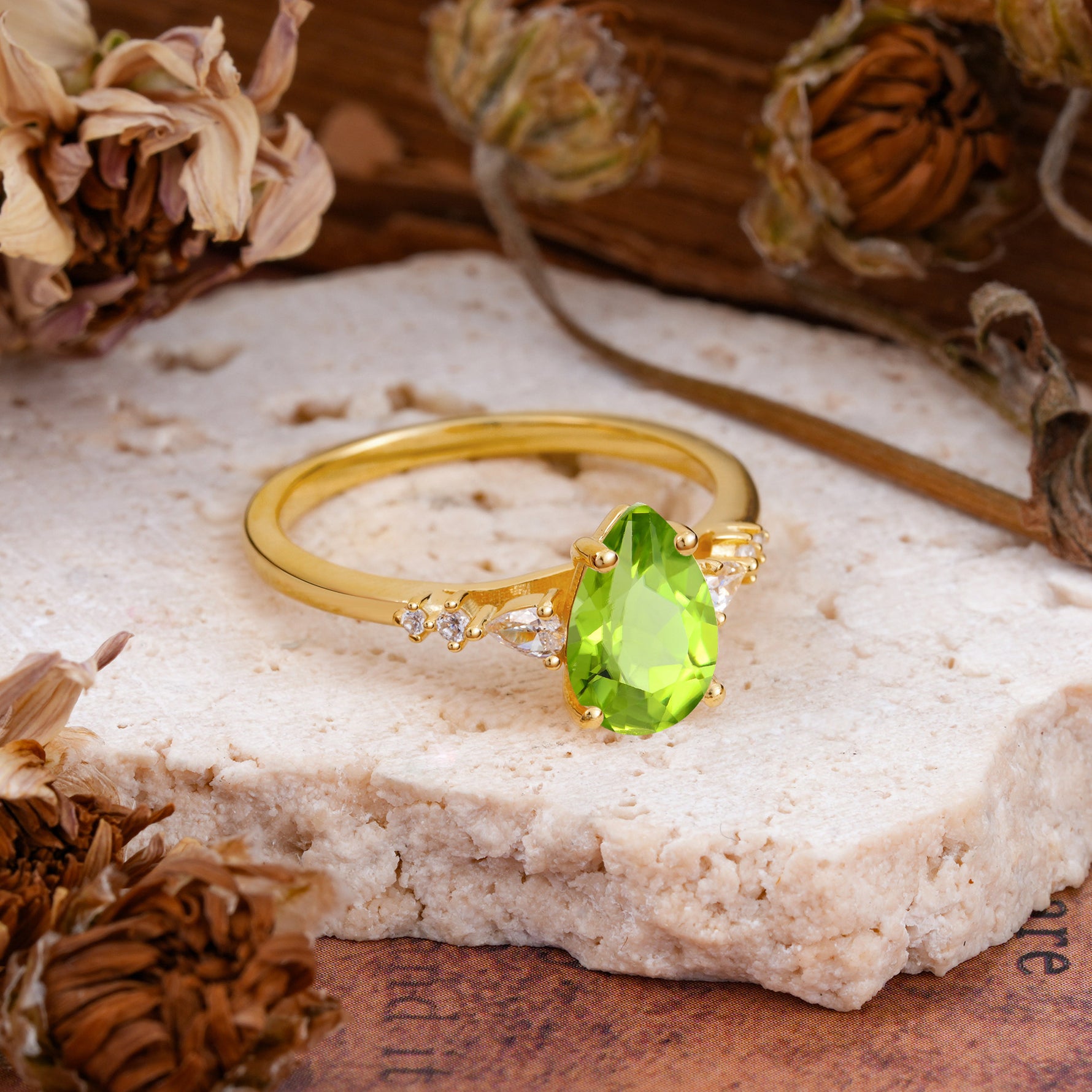 Pear Cut Peridot Three-Stone Engagement Ring for her - Additional view