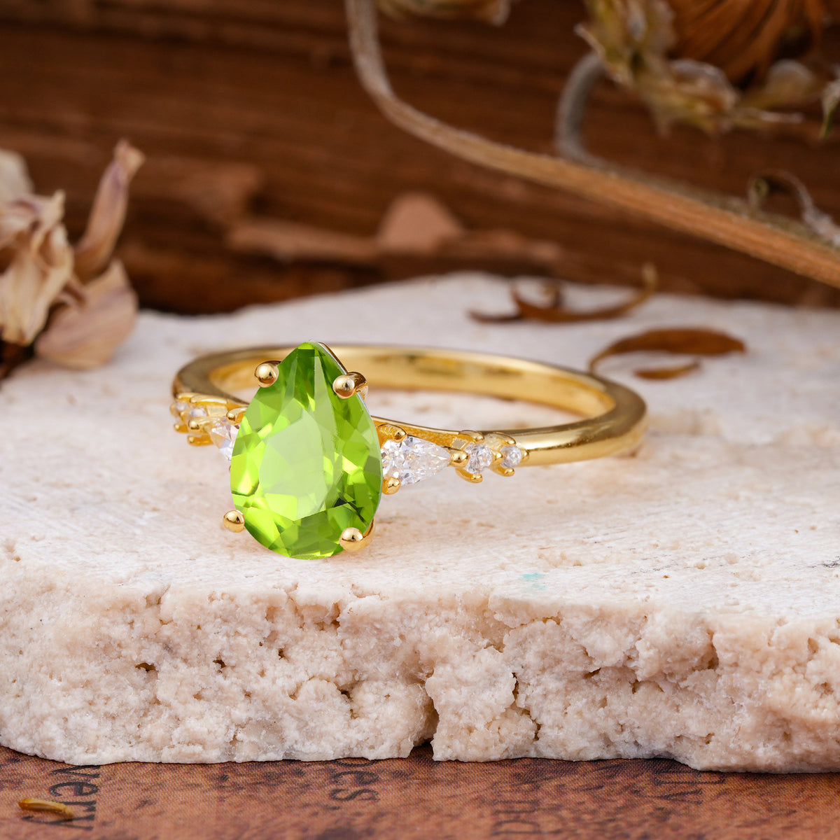 Pear Cut Peridot Three-Stone Engagement Ring for her - Additional view