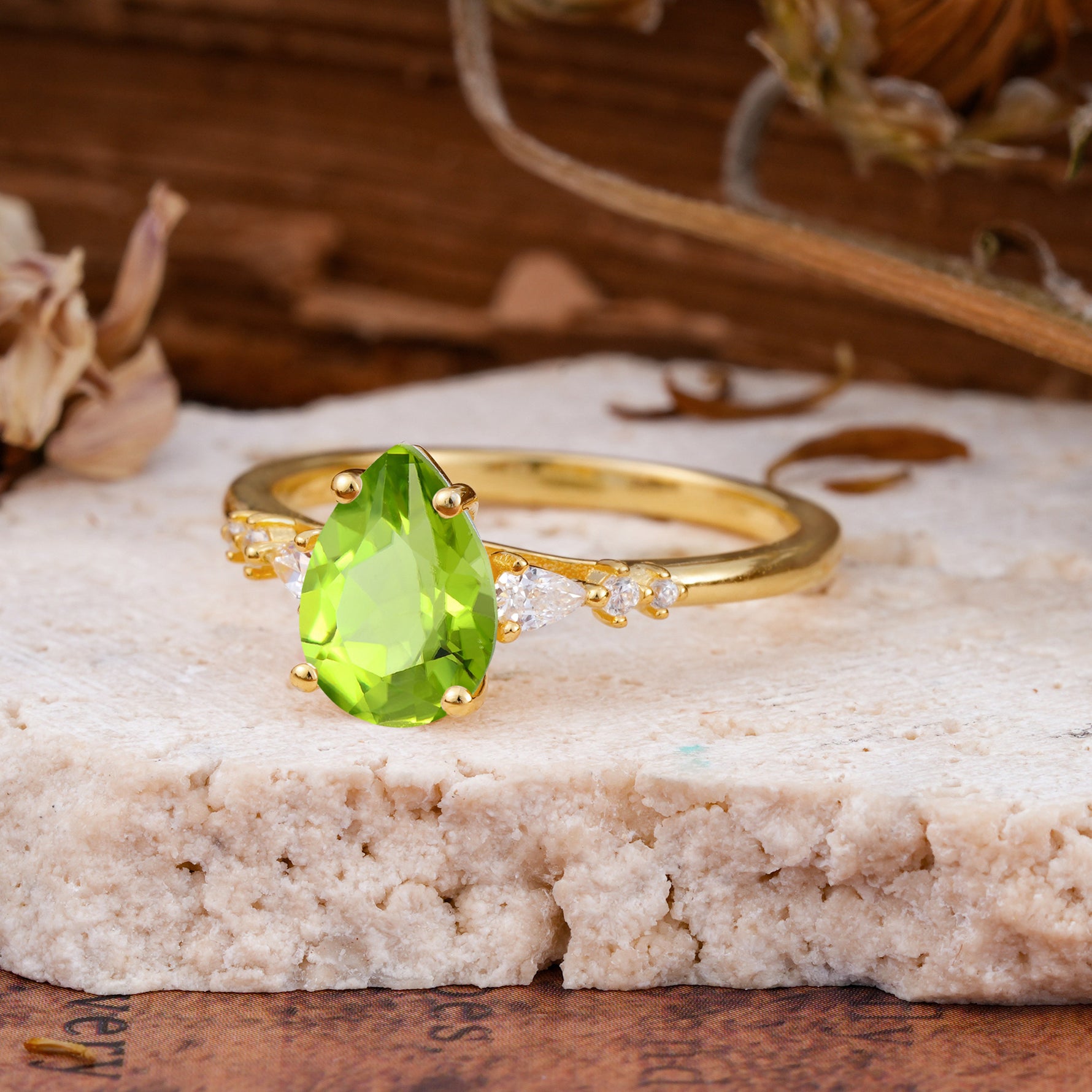 Pear Cut Peridot Three-Stone Engagement Ring for her - Additional view