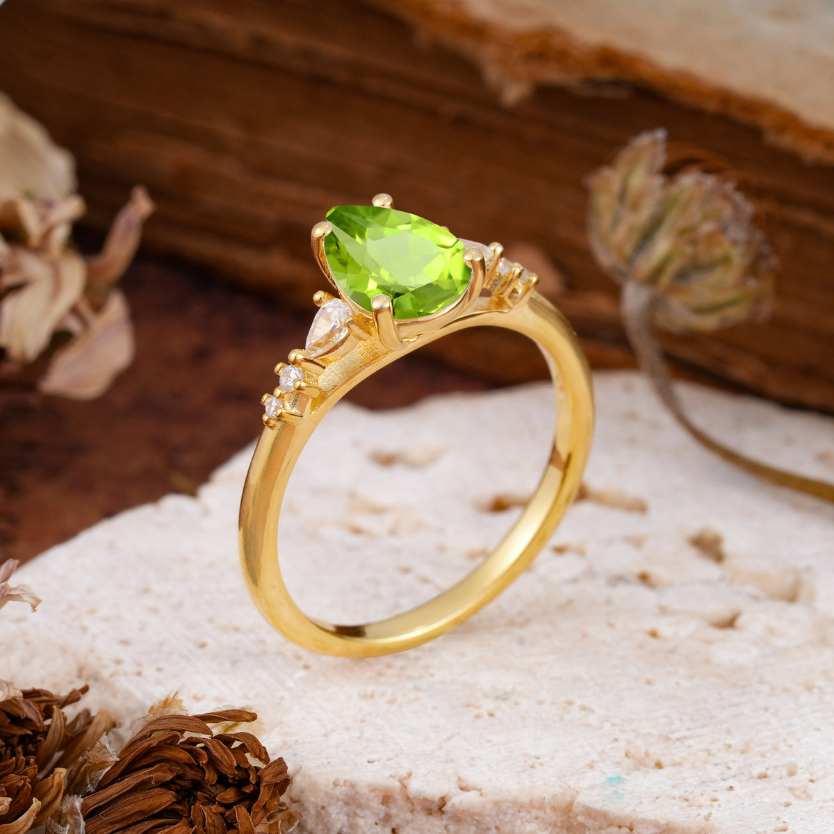 Pear Cut Peridot Three-Stone Engagement Ring for her - Additional view