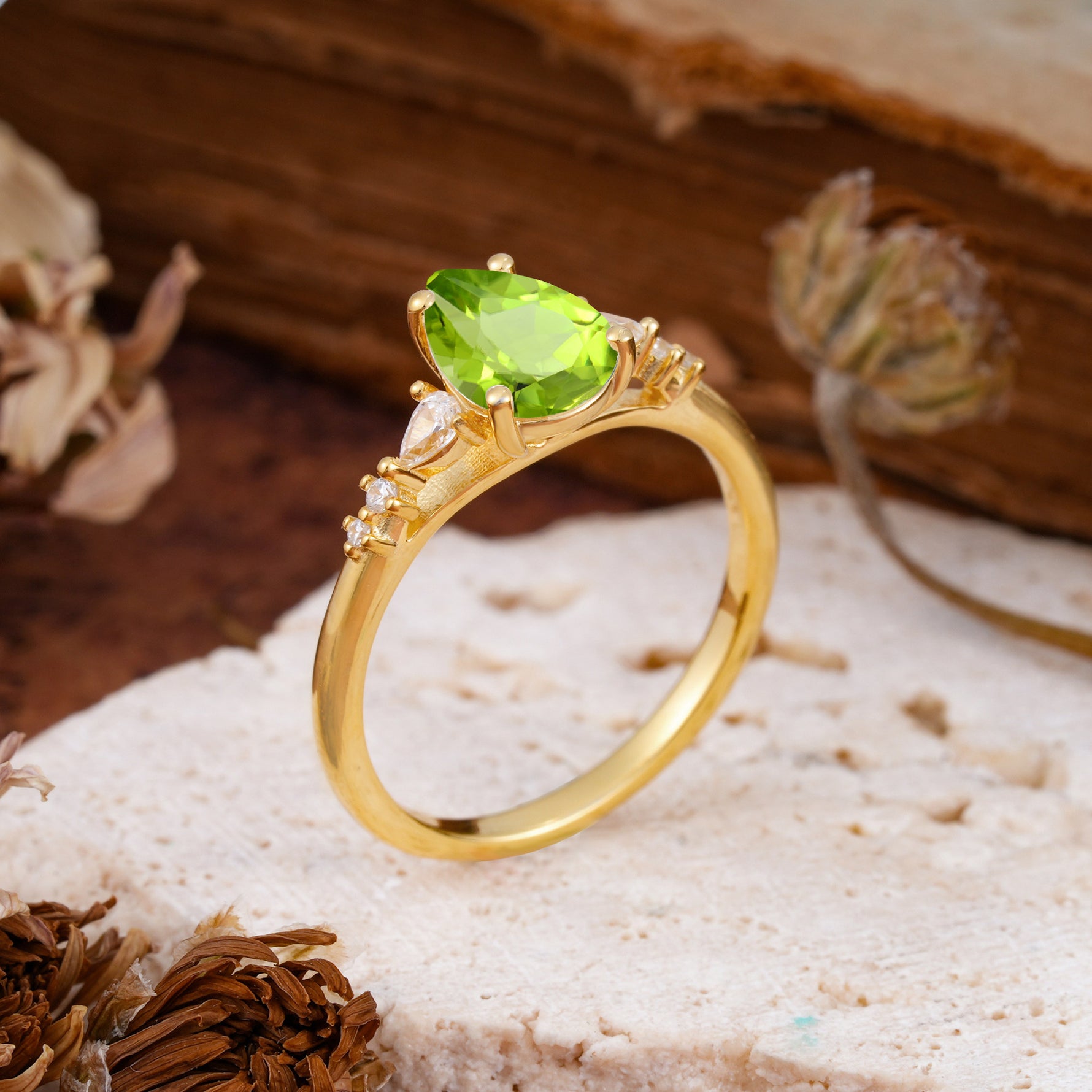 Pear Cut Peridot Three-Stone Engagement Ring for her - Additional view