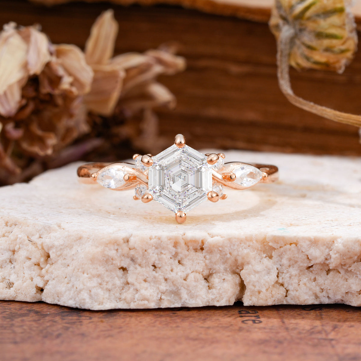 Nature Inspired 6 Prong Leaf Hexagon Cut Moissanite Engagement Ring - Additional view
