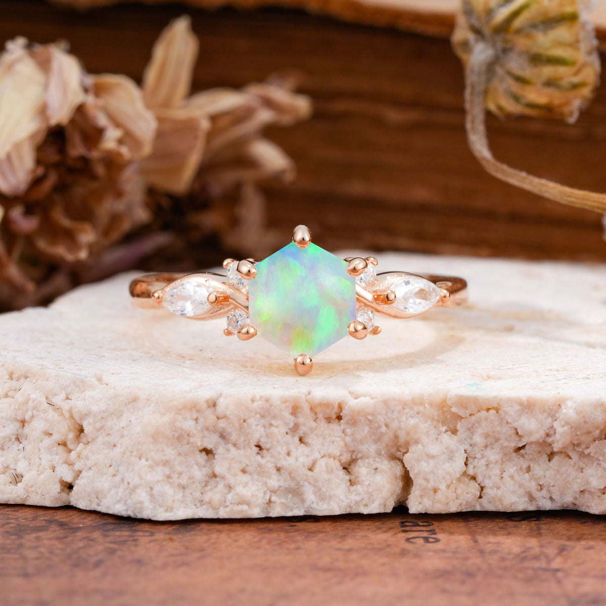 Nature Inspired 6 Prong Leaf Hexagon Cut Fire Opal Engagement Ring - Additional view