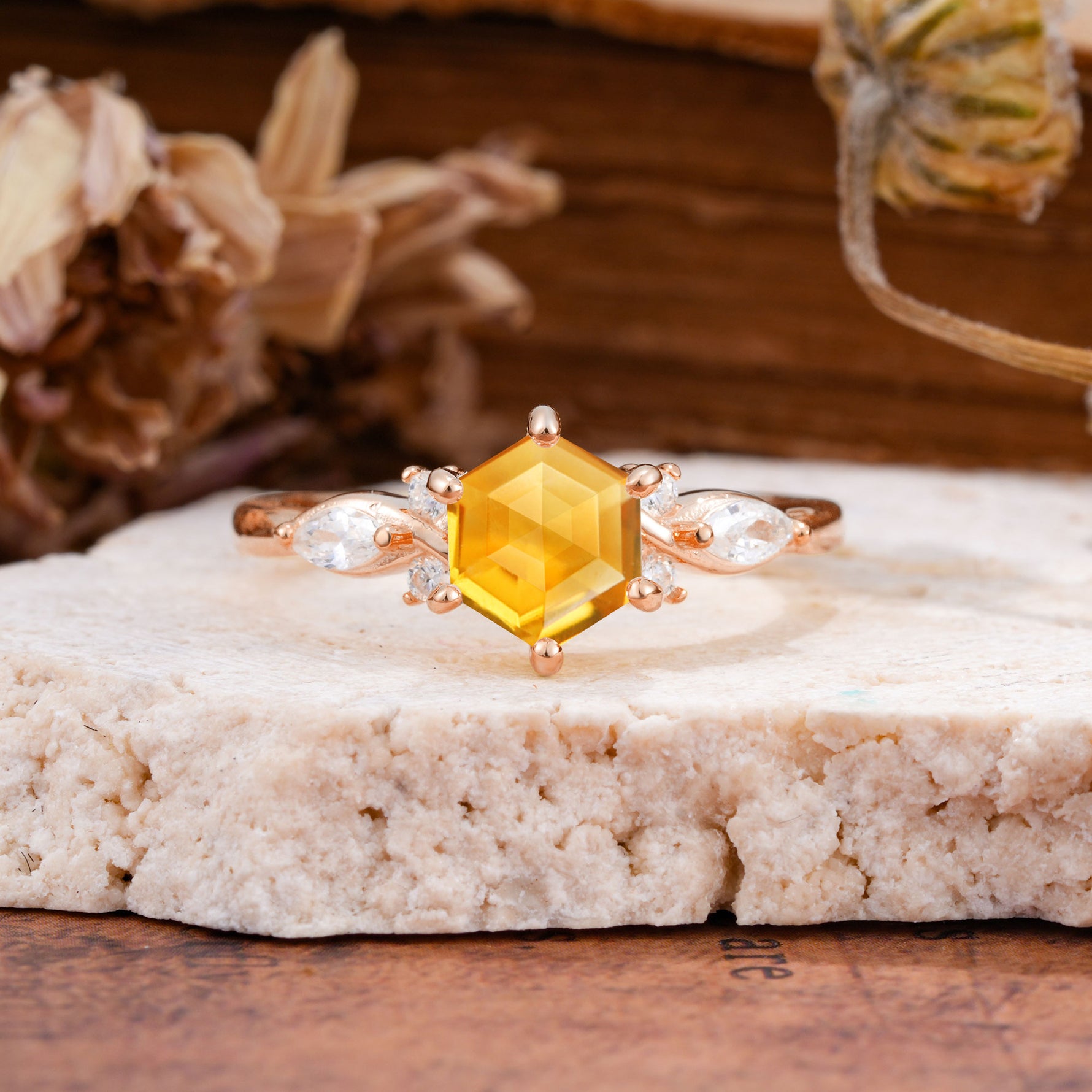 Nature Inspired 6 Prong Leaf Hexagon Cut Citrine Engagement Ring - Additional view