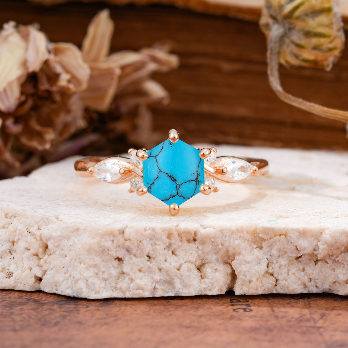 Nature Inspired 6 Prong Leaf Hexagon Cut Turquoise Engagement Ring - Additional view