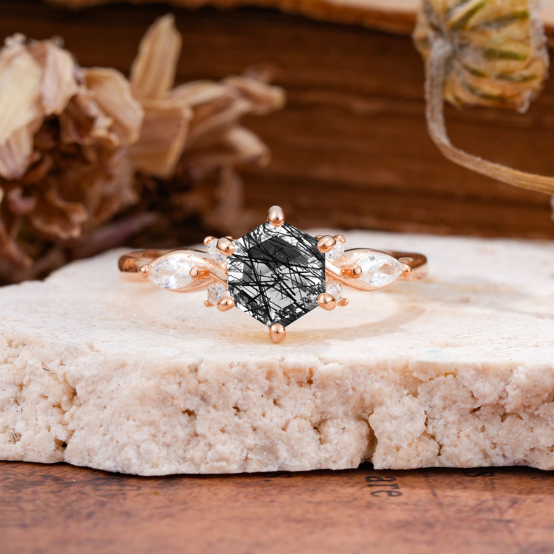 Nature Inspired 6 Prong Leaf Hexagon Cut Black Rutilated Quartz Engagement Ring - Additional view