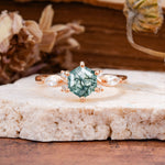 Nature Inspired 6 Prong Leaf Hexagon Cut Moss Agate Engagement Ring - Additional view