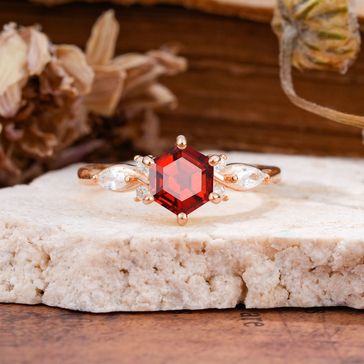 Nature Inspired 6 Prong Leaf Hexagon Cut Garnet Engagement Ring - Additional view